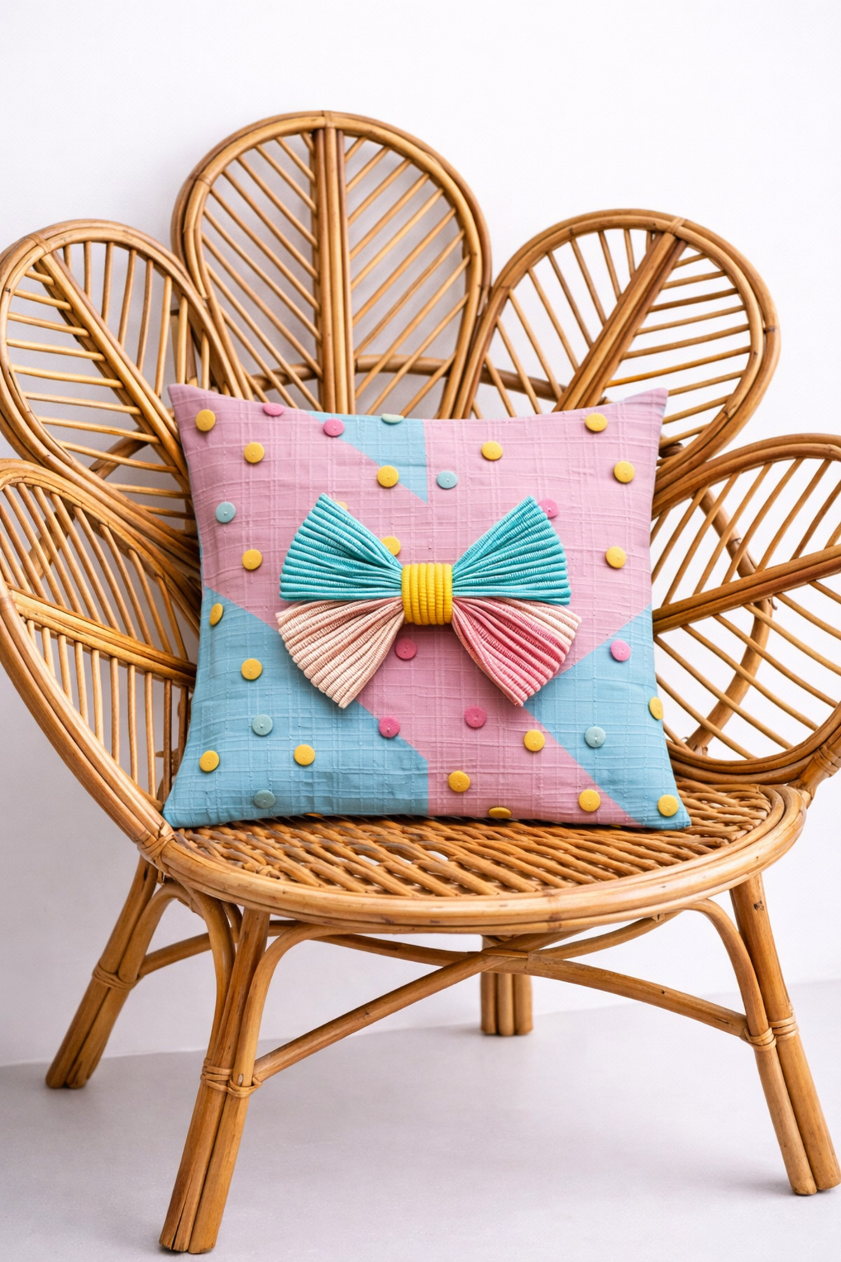 3D Renkli Düğme ve Gökkuşağı Fiyonk Detaylı Dekoratif Kırlent Kılıfı (45x45 cm)