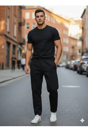 MaratonX Unisex Standart Erkek Siyah Eşofman altı Rahat kesim Düz paça üç ceb...