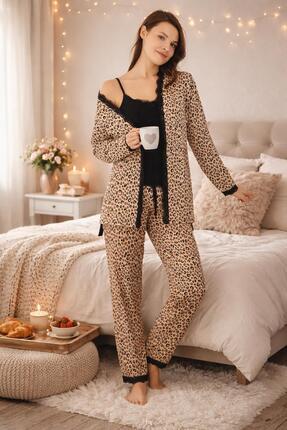 GAMDELLE MODA Kadın Leopar Desenli Sabahlıklı Üçlü Takım