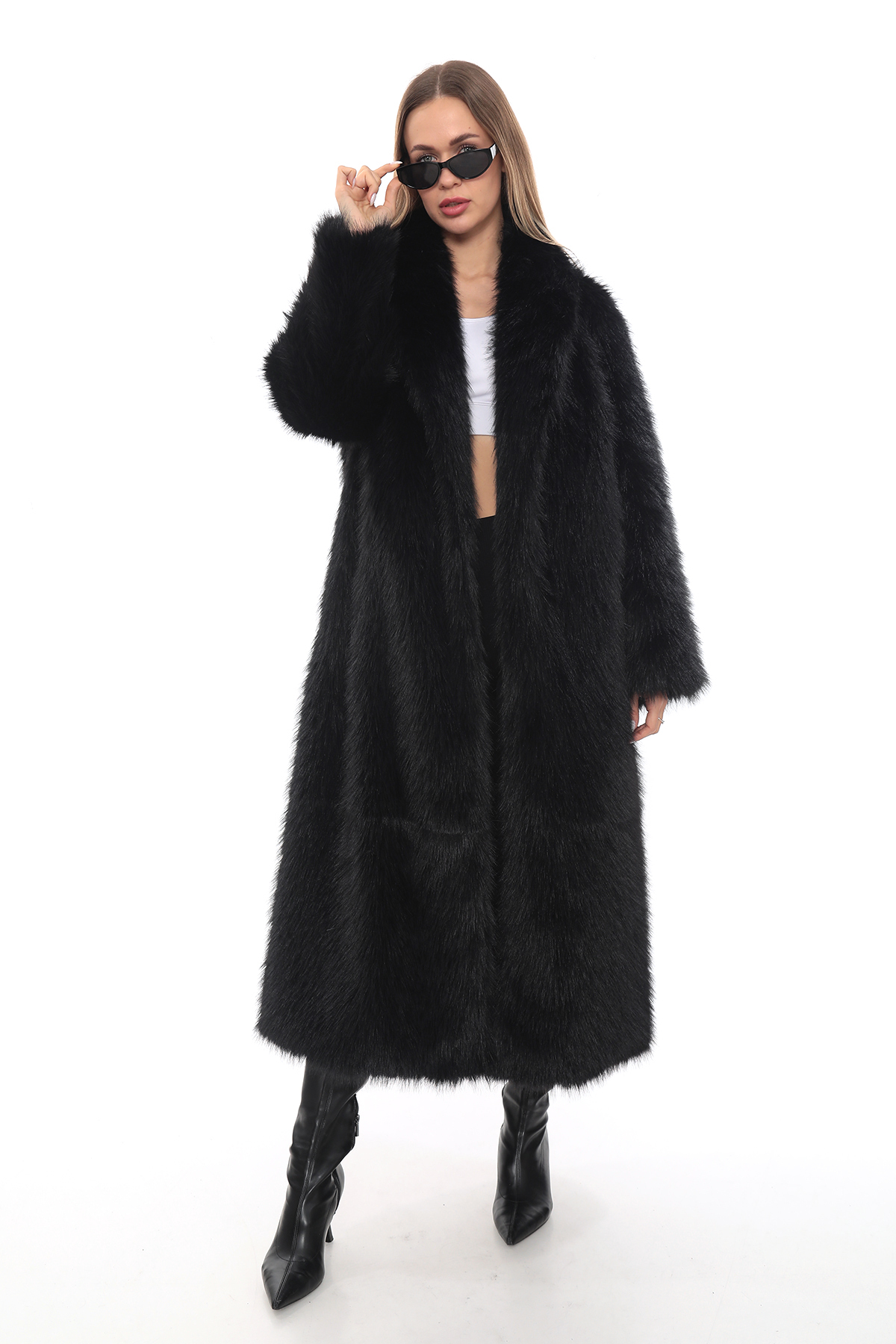 izellas  Sable Élegance Siyah Uzun Oversize Suni Kürk