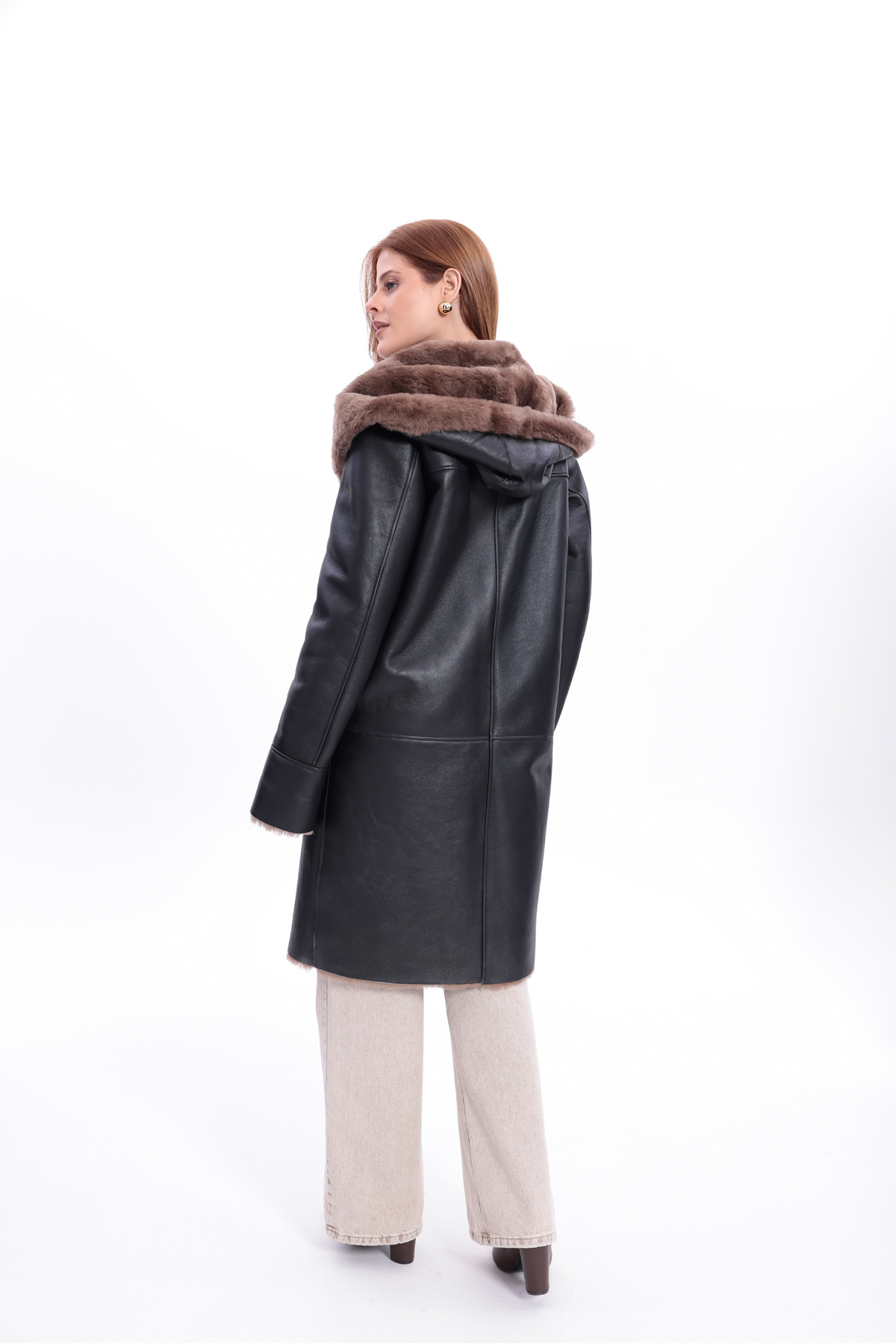 By Marki Marki  Kadın Hakiki Deri Palto, Kapüşonlu, içi Hakiki Kürklü, Siyah Uzun Kaban, Premium Kadın Palto - Görsel 9