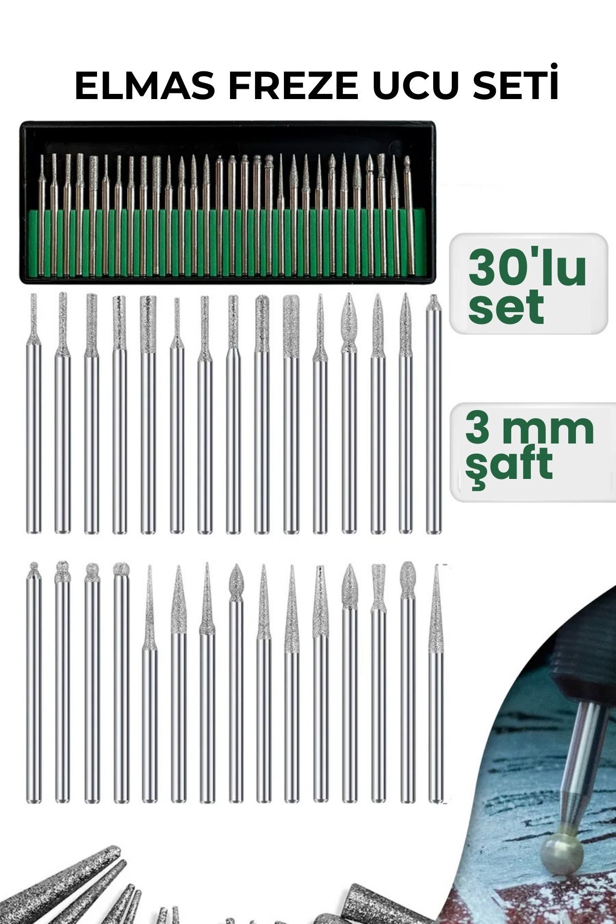 Transformacion 30 Parça Elmas Freze Ucu Seti - 3mm Şaft