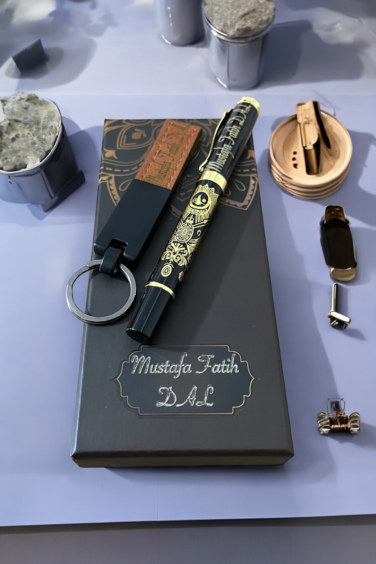 Personalized Ottoman Tugral Pen & Leather Keychain Box Set – Name Specific Design