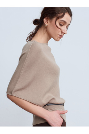 Dilvin 10838 Yün Karışımlı Kemerli Kayık Yaka Kazak-K.Vizon M.