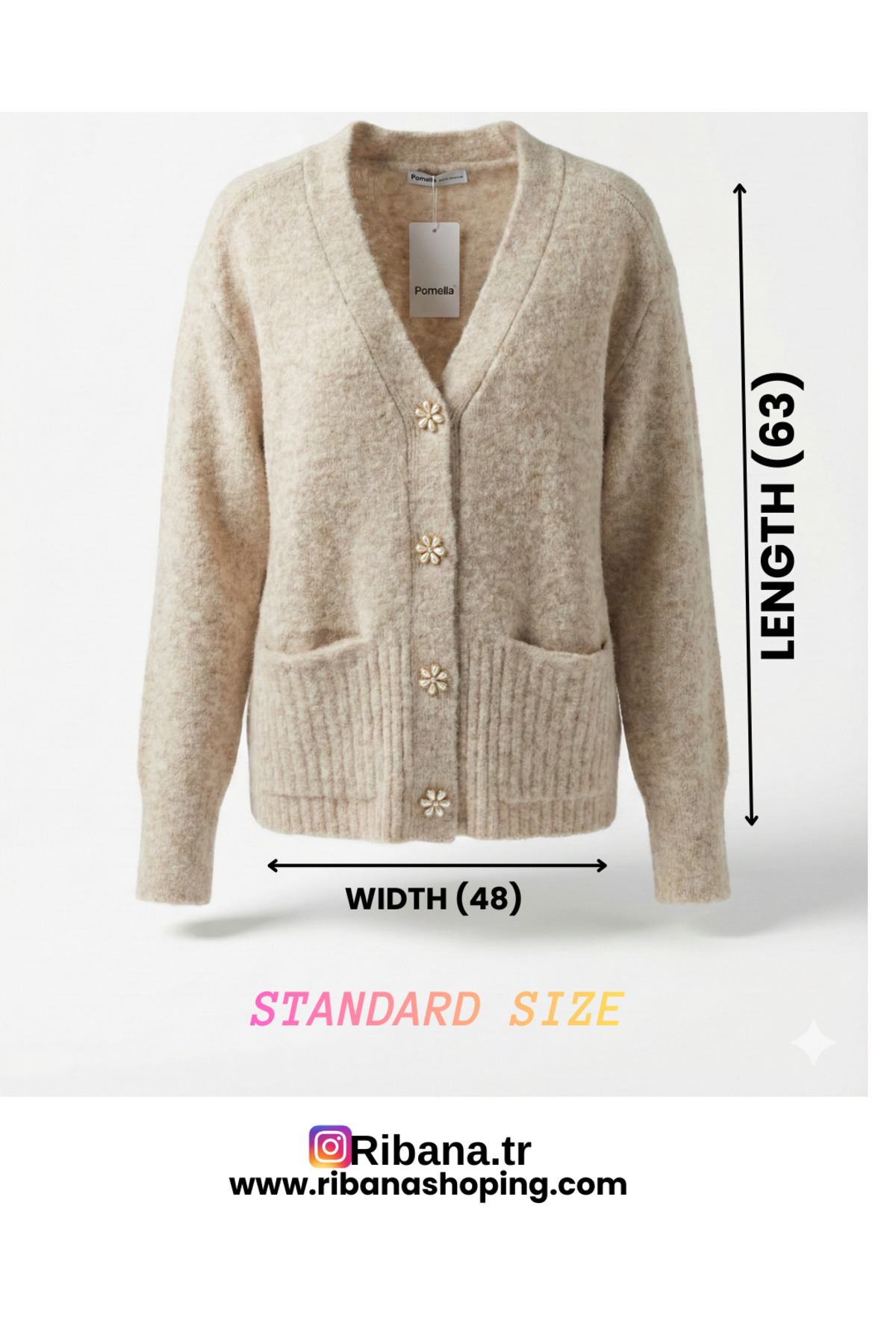 ribana  Kadın V Yaka Yumuşak Dokulu İtalyan Kesim İnci Papatya Düğmeli Cep DetaylıTriko Hırka 2444 - Görsel 4