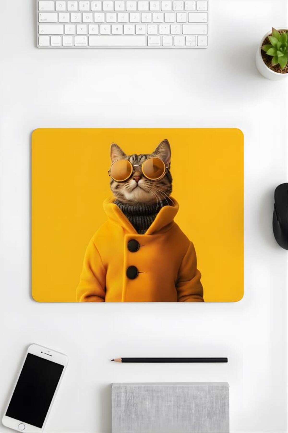 18x22 Cm Patterned Mouse Pad Cat Printed Design Mouse Pad with Glasses,Office Accessories Golden Cat