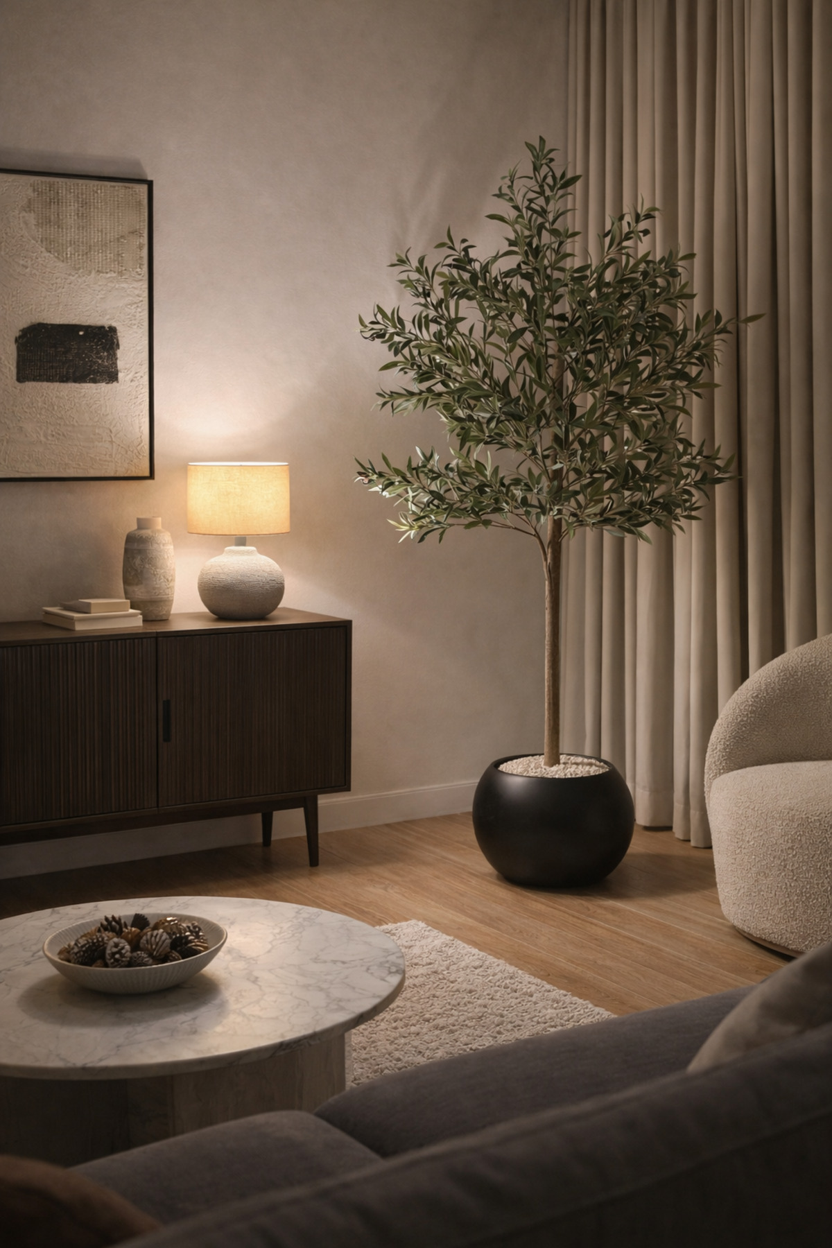 AMZOE شجرة زيتون صناعية فاخرة مع حوض ديكوري – ارتفاع 180 سم - 170سم