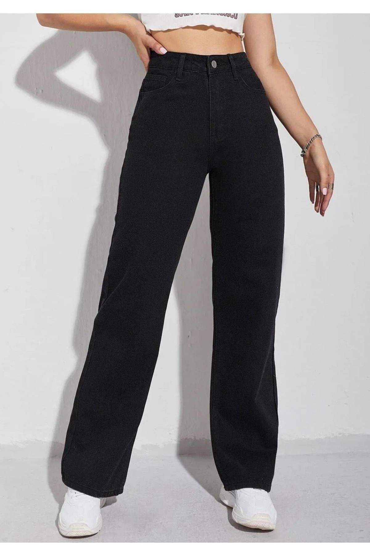 mooishan Evelin Siyah Yüksek Bel Palazzo,Wide Leg Jeans, Likralı Bol Paça Salaş JeansDK-4 görsel 3
