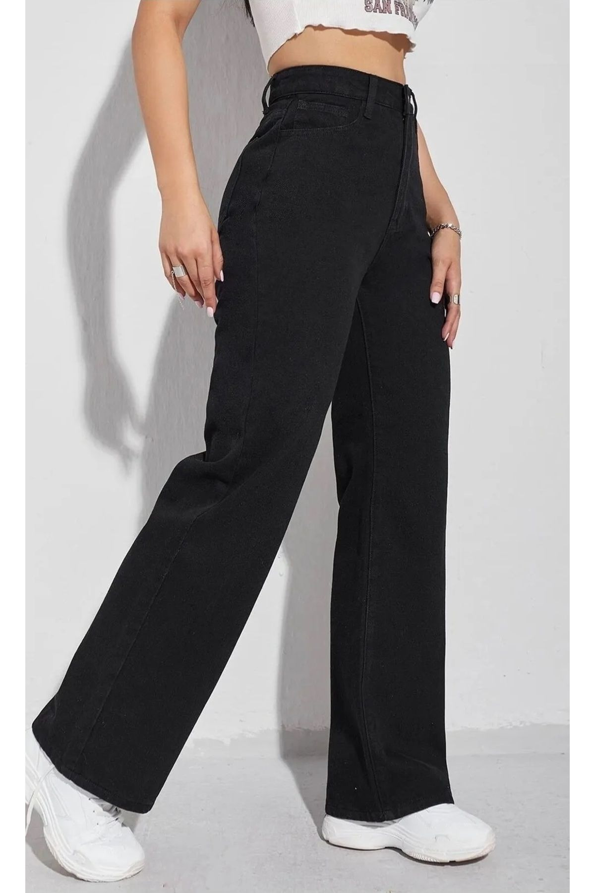 mooishan Evelin Siyah Yüksek Bel Palazzo,Wide Leg Jeans, Likralı Bol Paça Salaş JeansDK-4 görsel 2
