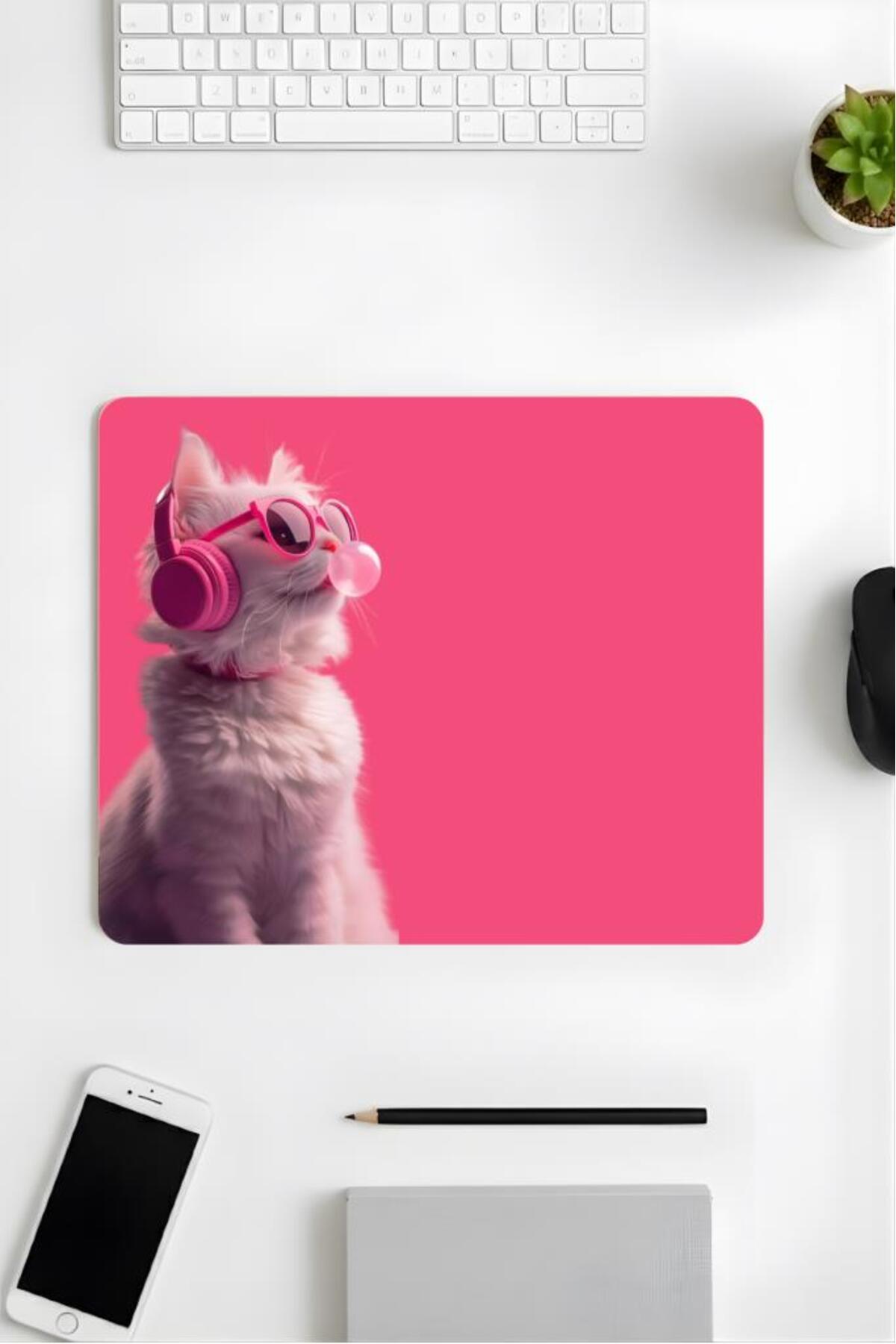 18x22 Cm Patterned Mouse Pad with Pink Cat Printed Design Mouse Pad,Office Accessories Pink Vibes Cat