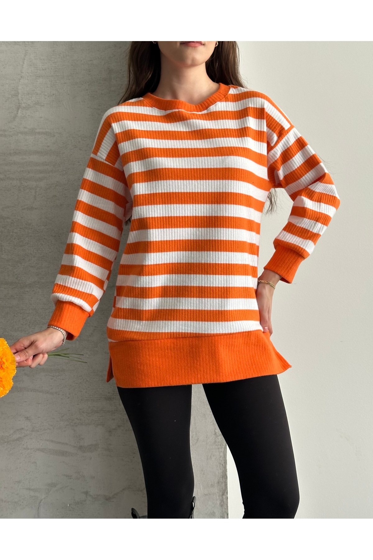 Women's Report Fabric Long Sleeve Crew Neck Side Slit Tunic