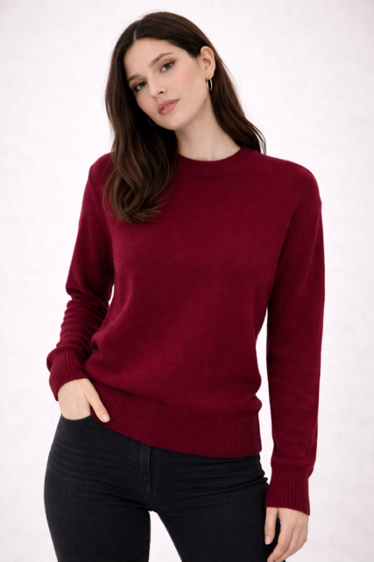 RTD&VLD  Kadın Vita-260 Maviş Bisiklet Yaka Basic Triko Kazak Bordo