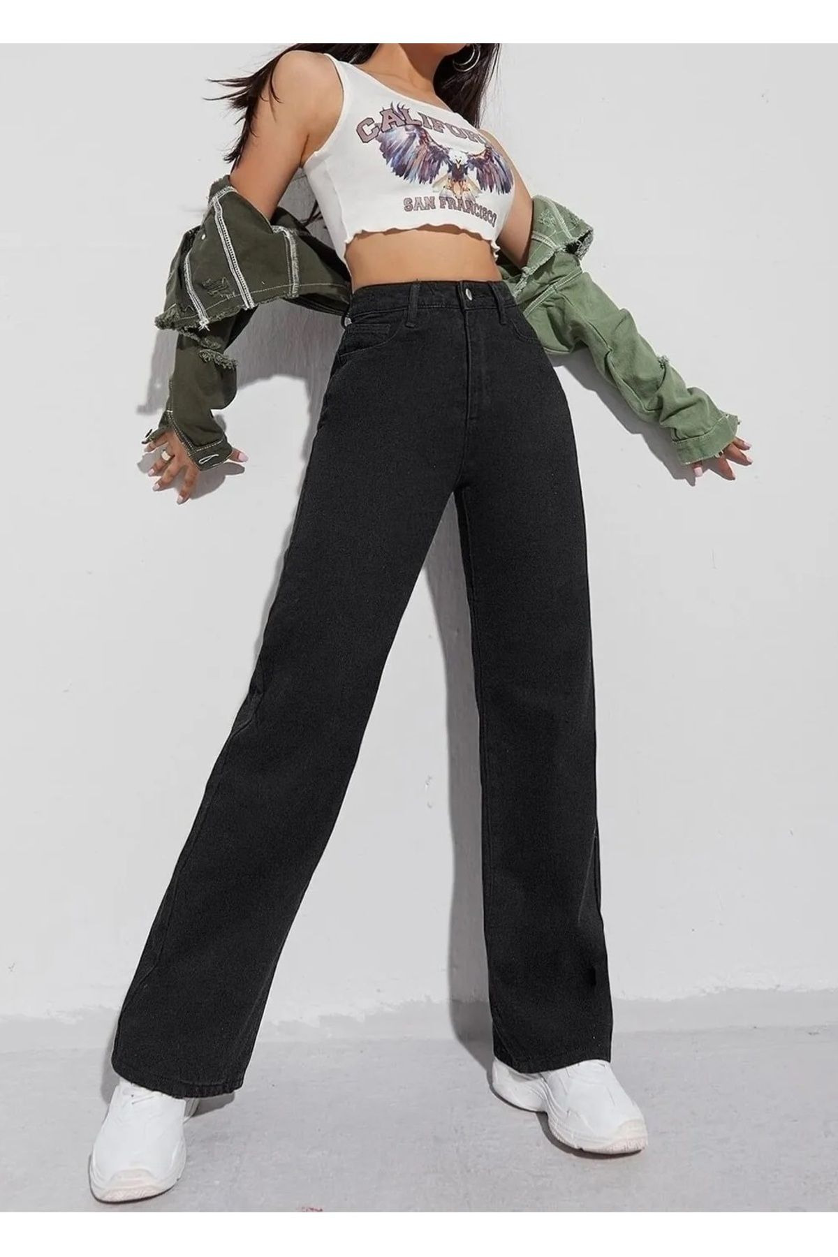 mooishan Evelin Siyah Yüksek Bel Palazzo,Wide Leg Jeans, Likralı Bol Paça Salaş JeansDK-4