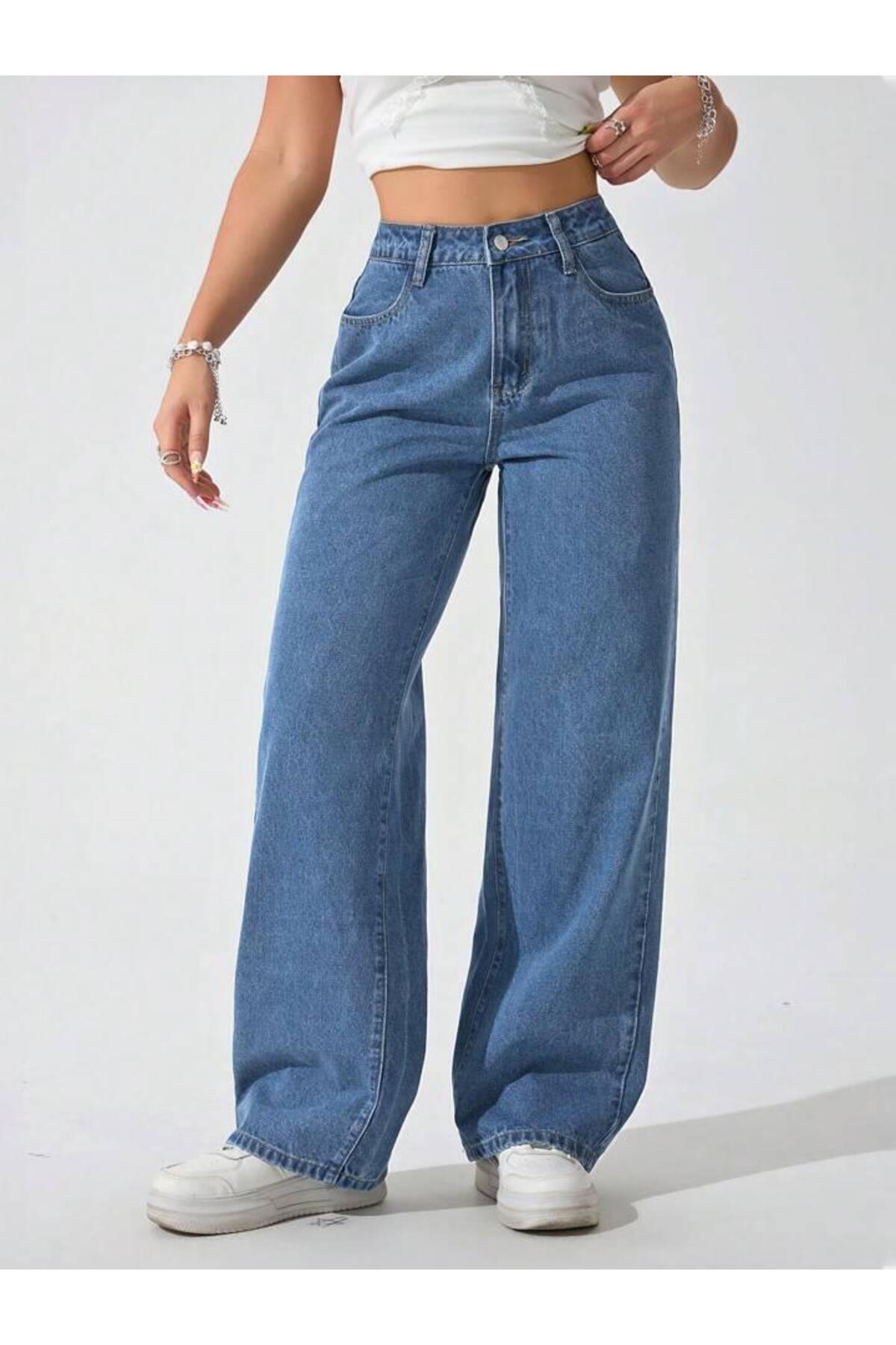 Linarose  Kadın Palazzo Esnek Bol Paça Kot Pantolon Jean - Görsel 5