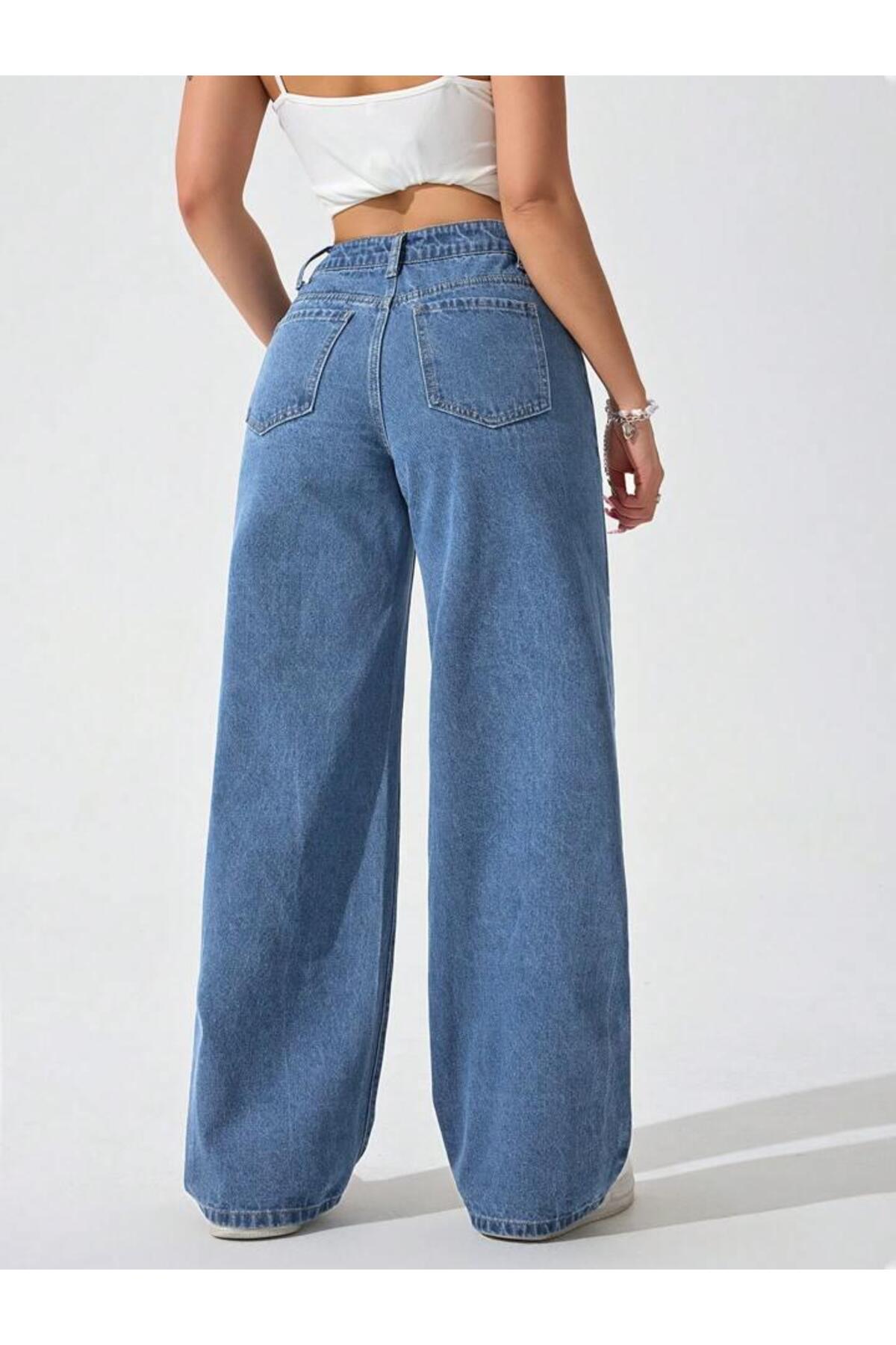 Linarose  Kadın Palazzo Esnek Bol Paça Kot Pantolon Jean - Görsel 4