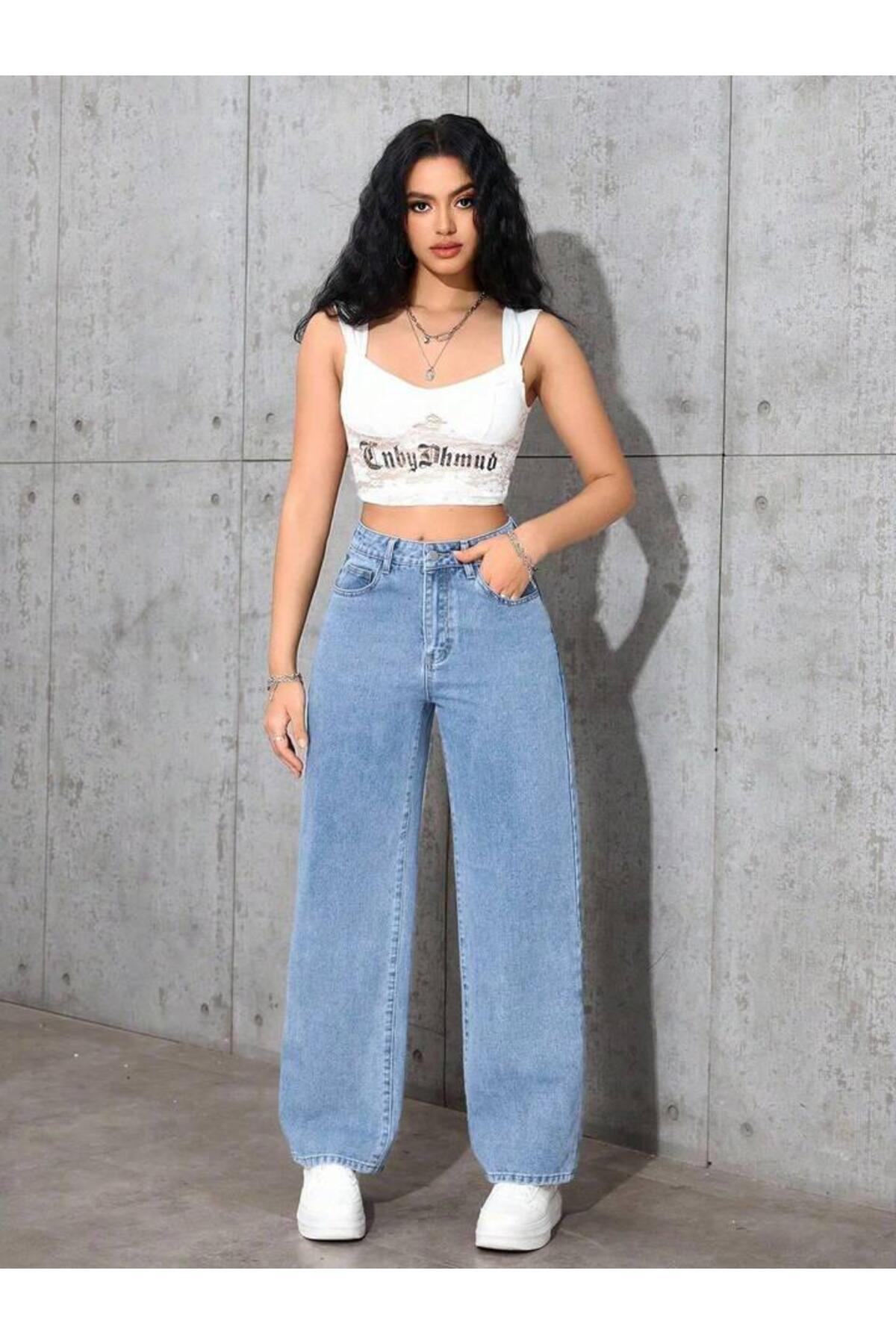 Linarose Kadın Palazzo Esnek Bol Paça Kot Pantolon Jean görsel 7