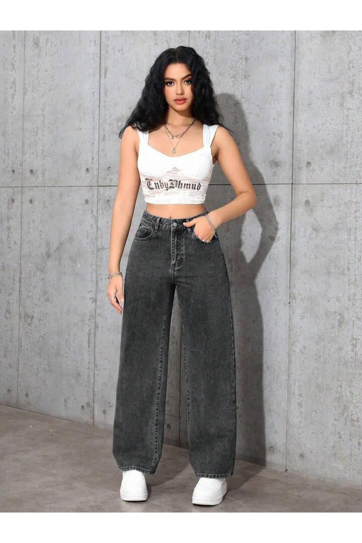 Linarose Kadın Palazzo Esnek Bol Paça Kot Pantolon Jean görsel 7