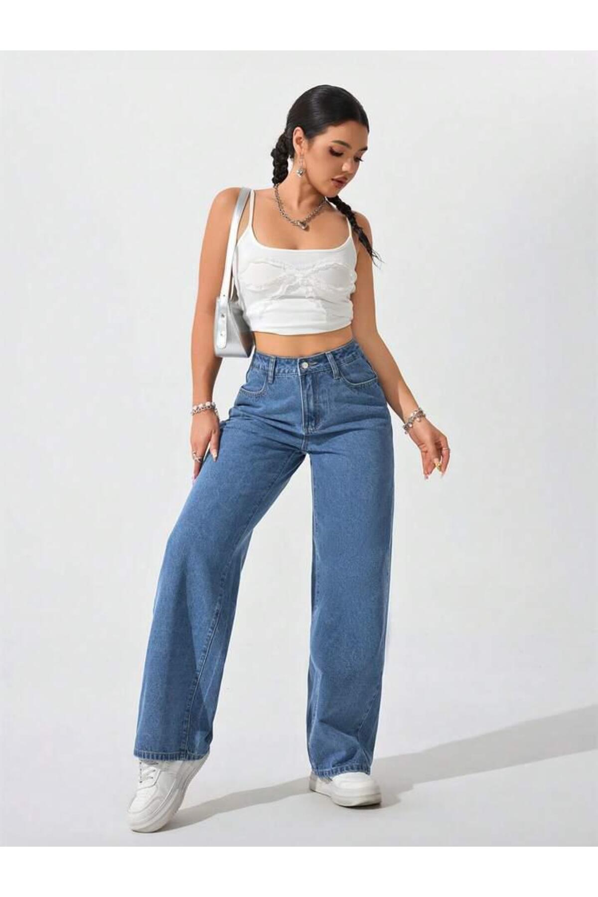 Linarose  Kadın Palazzo Esnek Bol Paça Kot Pantolon Jean - Görsel 6