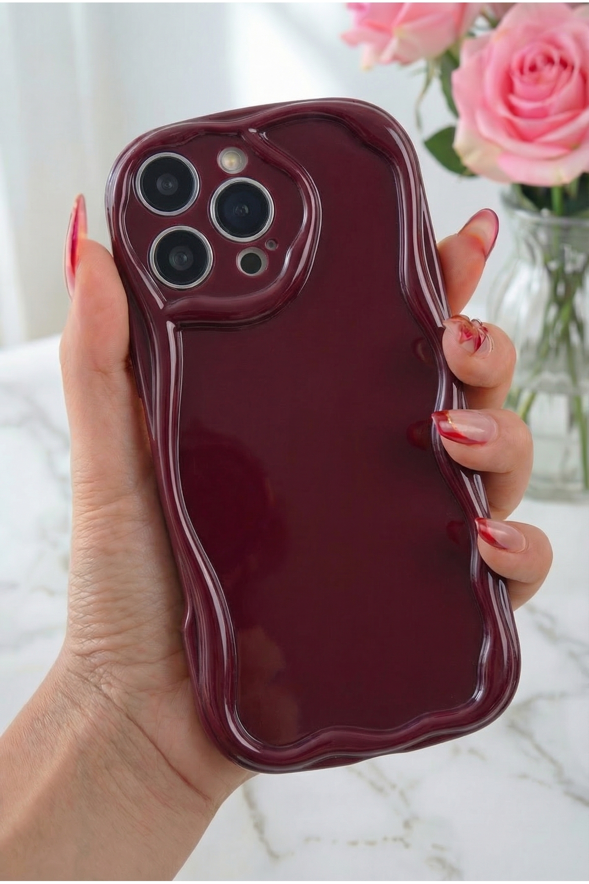 iPhone 14 Pro Max Case Camera Protected Wave Edge Shock Absorbing Burgundy Silicone Cover