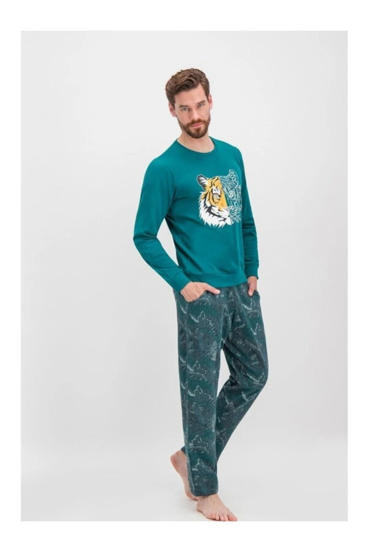235 Tiger Face Koyu Yeşil Erkek Pijama Takımı