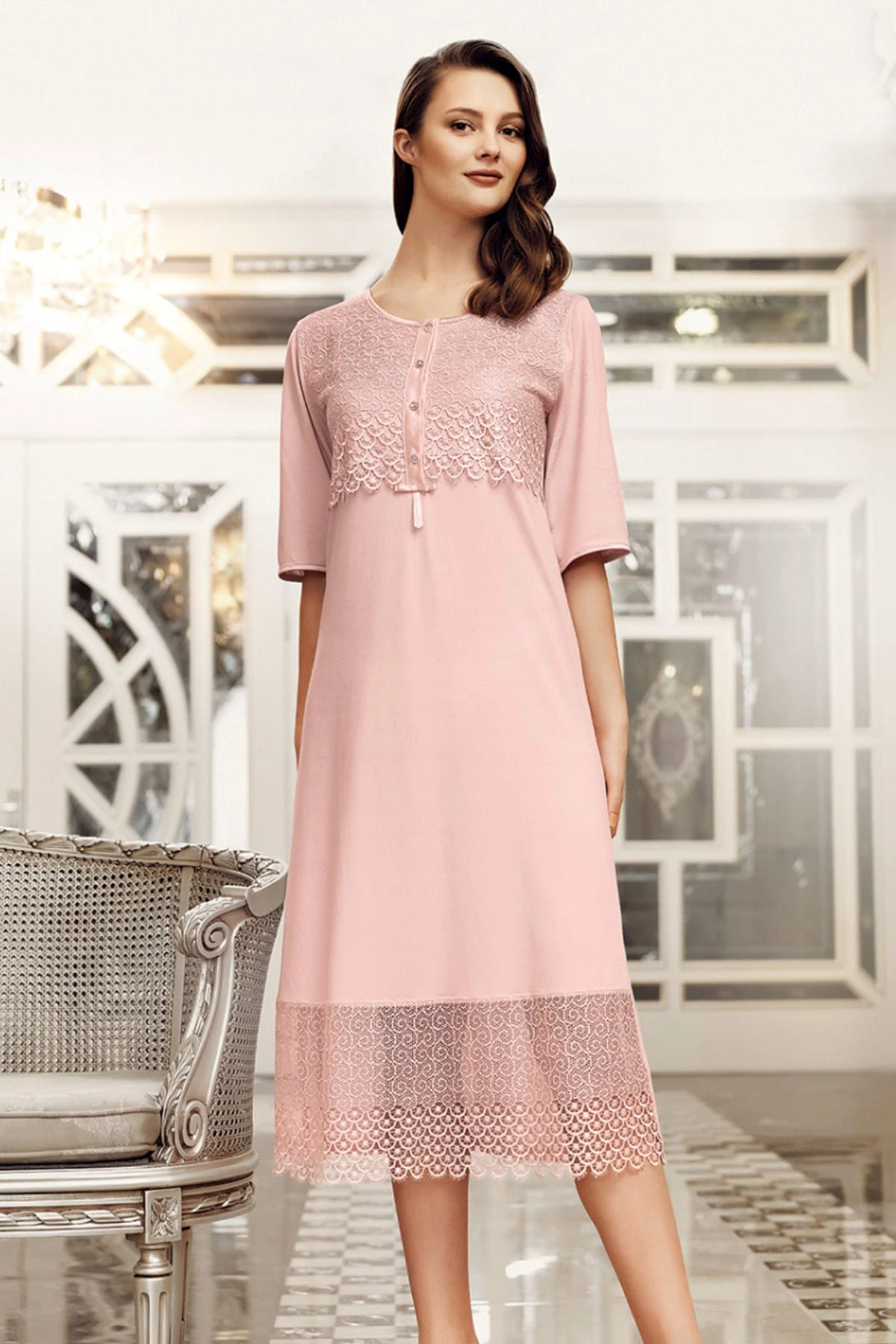 Artış Kadın Pudra Dantelli Penye Gecelik Sabahlık Takımı 6406