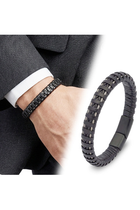 Caseras Casera's Modern Erkek Hasır Örgü Paslanmaz Çelik + Doğal Deri Bilekli...