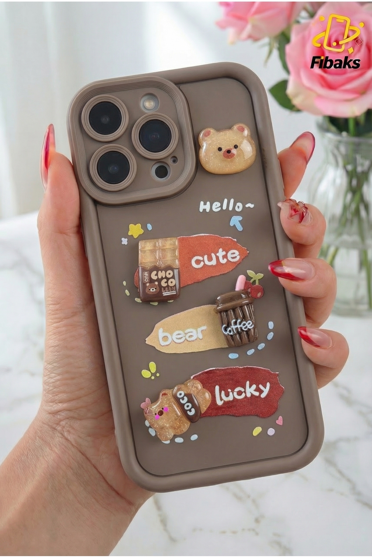 iPhone 16 Pro Max Case Design Patterned Camera Protected Teddy Bear Coffee Soft Silicone Cover