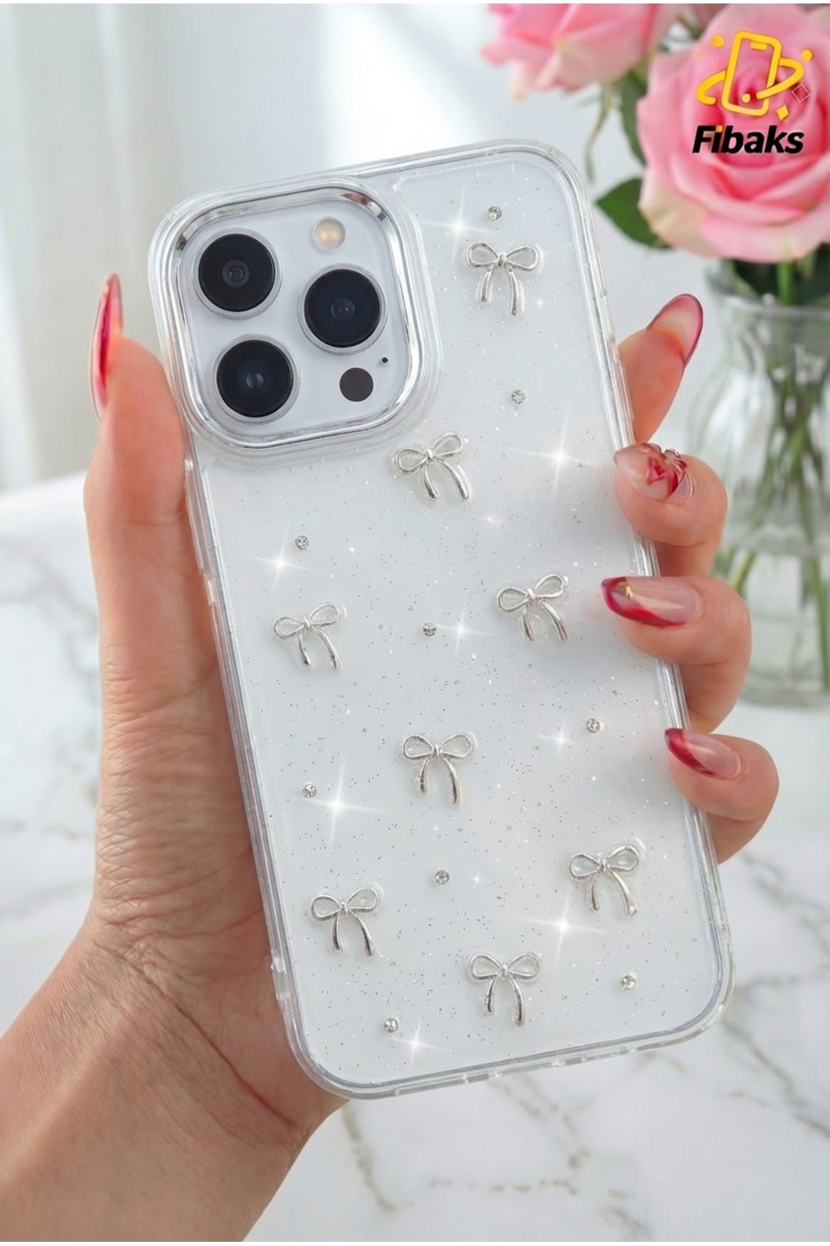 iPhone 14 Pro Max Case Bow Pattern Transparent Glitter Silver Camera Protruding Shiny Cover