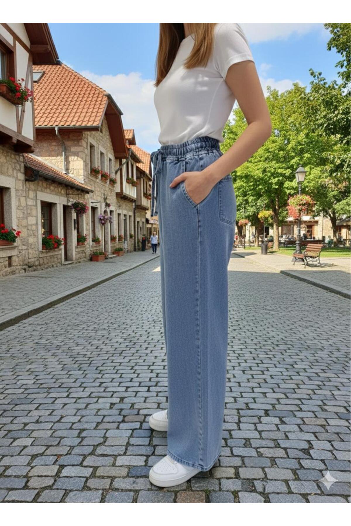 BEES JEANS  Kadın Açık Mavi Beli Lastikli Bagcıklı Cepli Bol Paça Palazzo Kot Pantolon - Tesettüre Uygun - Görsel 3