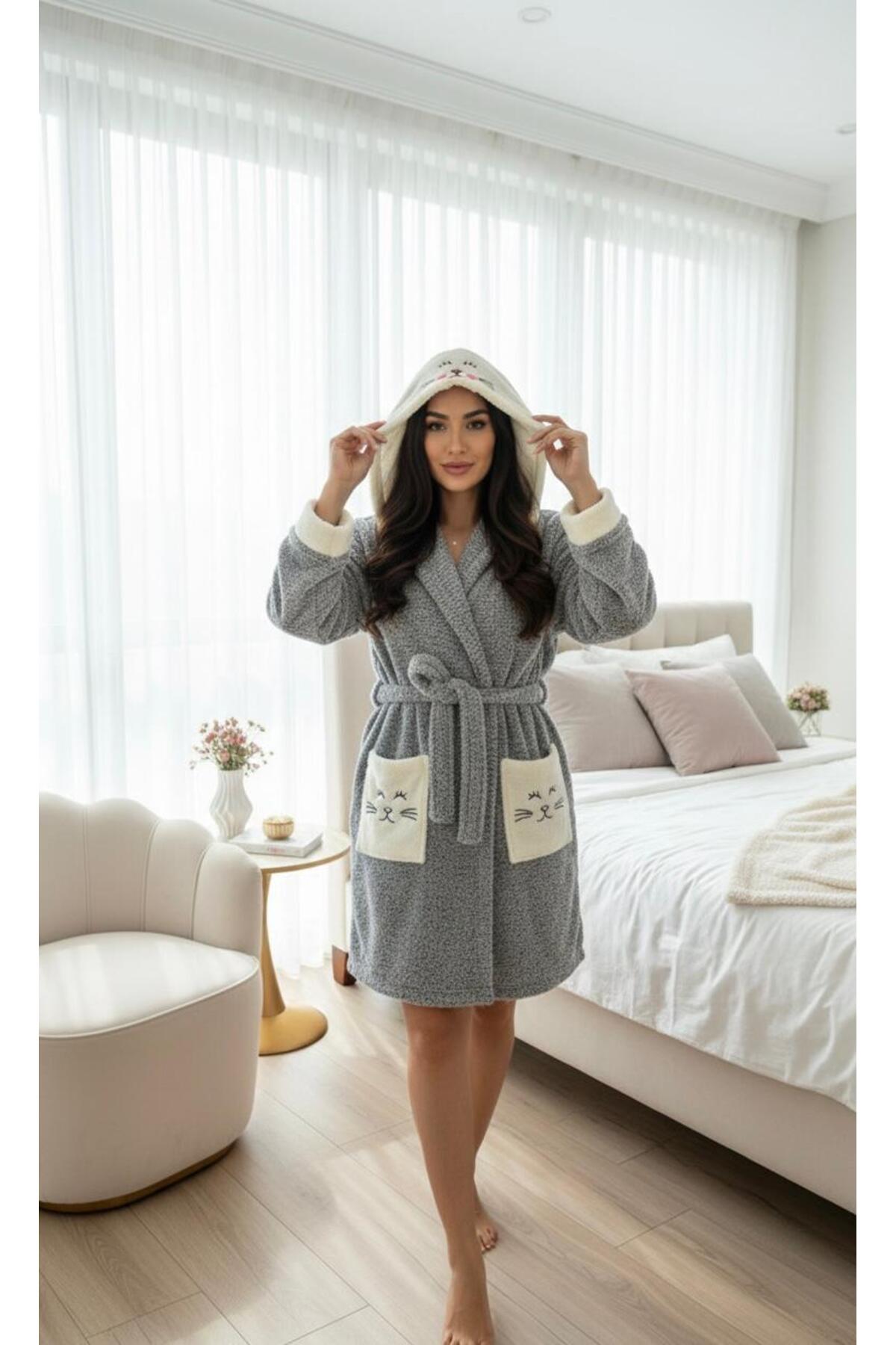 Welsoft-fleece-plush cat print dressing gown Hooded Bathrobe