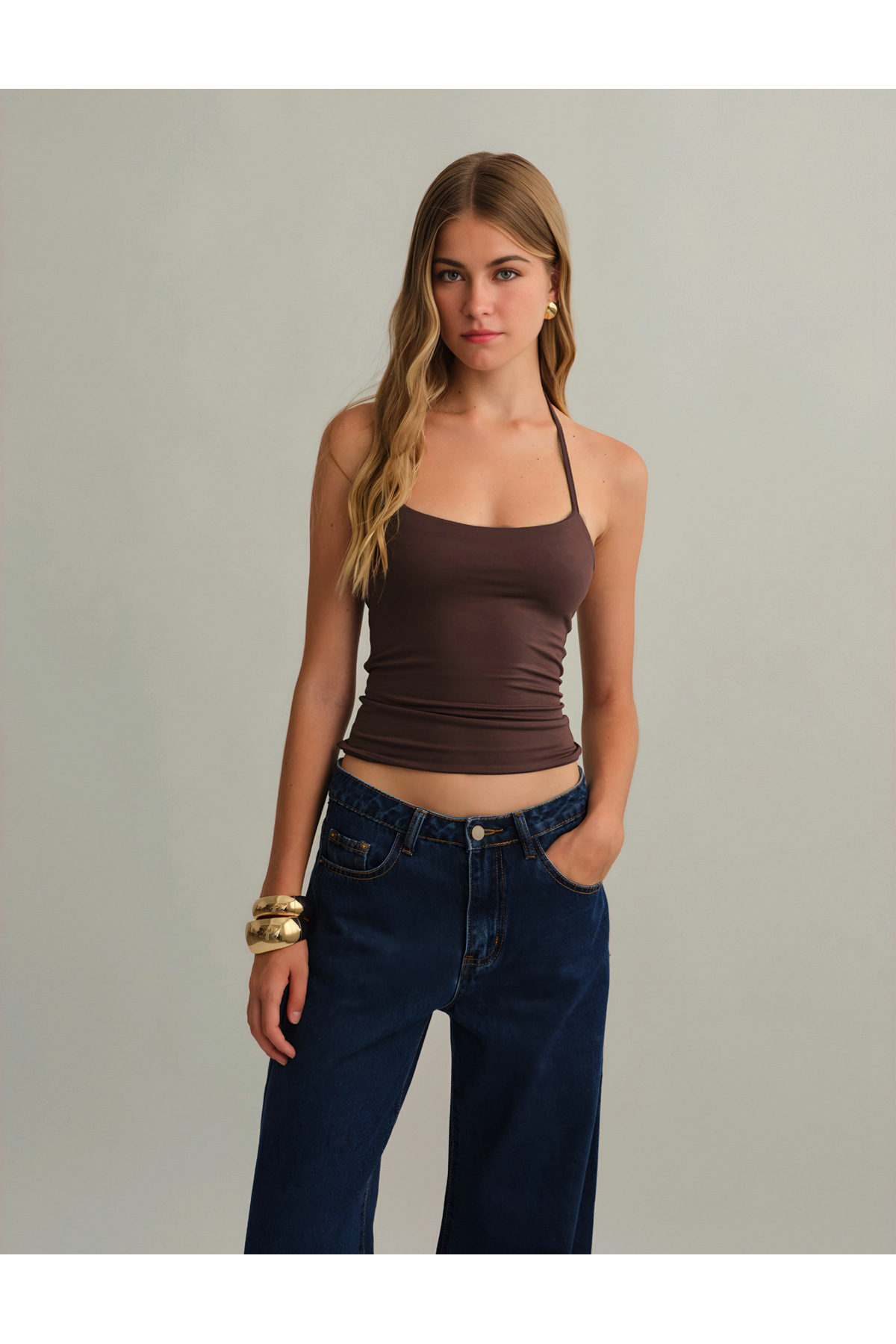 Baluxe  Halter Yaka Pamuklu Boyundan Bağlamalı Üst Bluz - Görsel 2