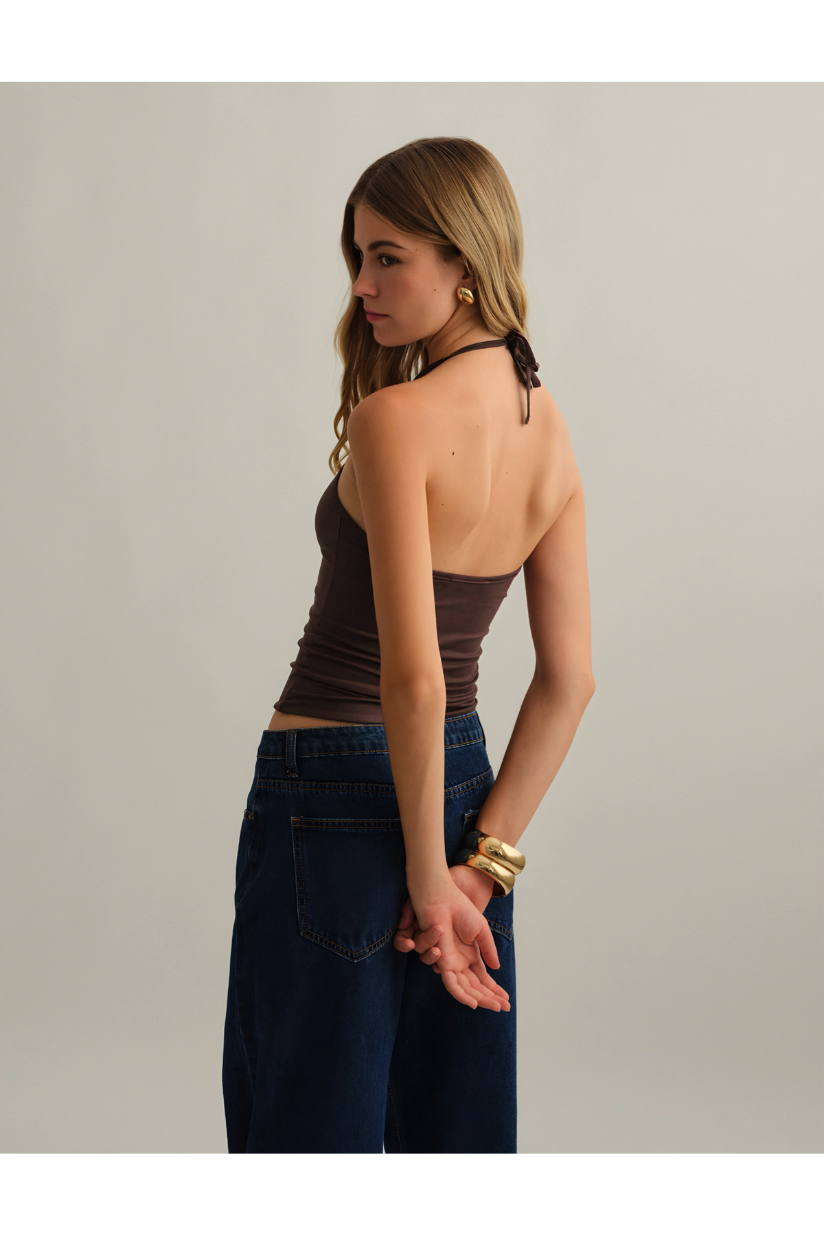 Baluxe  Halter Yaka Pamuklu Boyundan Bağlamalı Üst Bluz - Görsel 3