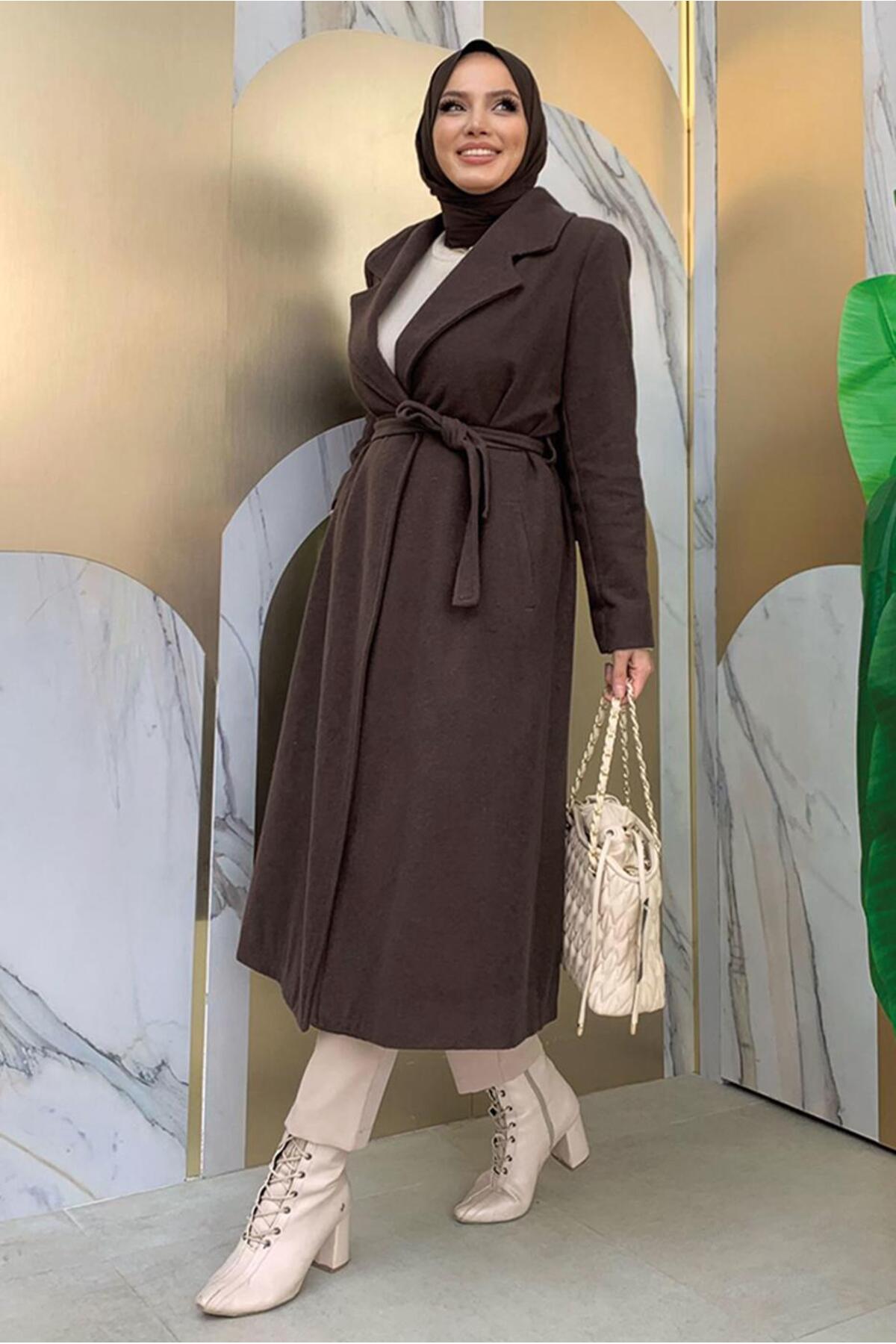 TRENDTESETTÜR  KADIN KAHVE KUŞAKLI KAŞE KABAN T 9157 - Görsel 2