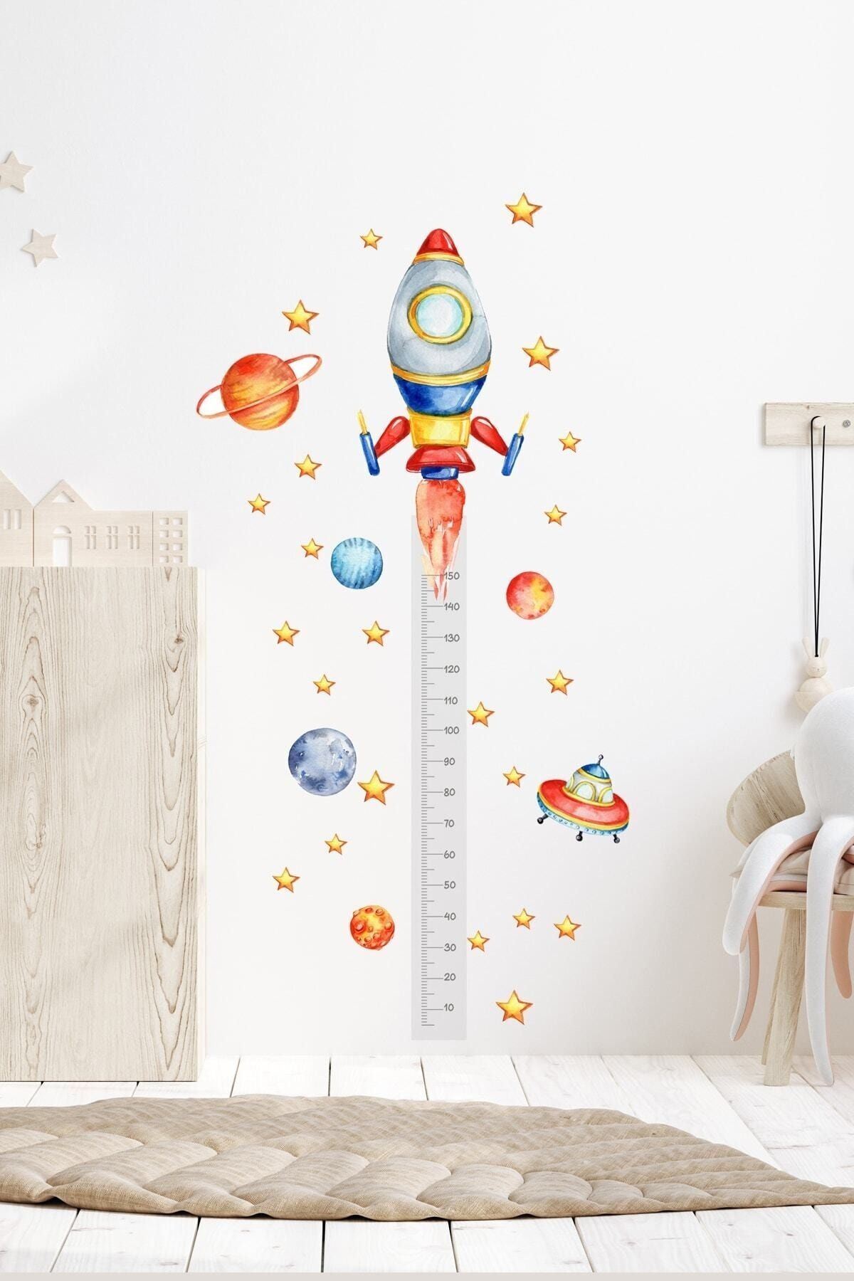 Sim Tasarım Boy Ölçer Uzay Roket Temalı Çocuk Odası Duvar Dekorasyon Sticker Seti fotoğrafı 2 (önizleme)