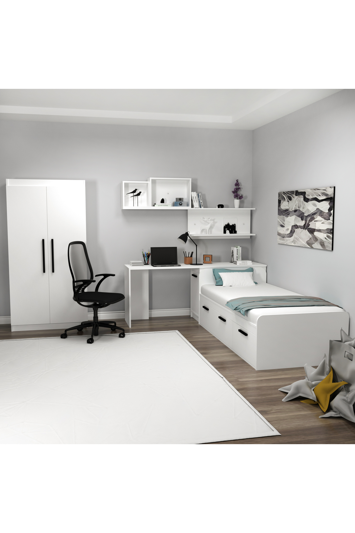 Akser Young Room Set of 4 – White (Desk, Bedstead, Wardrobe, Wall Shelf)