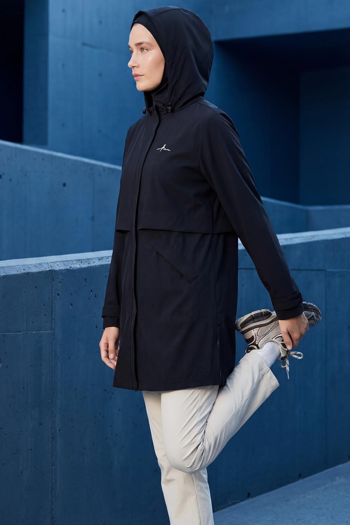 Haşema  Active H-Per Fit Kapüşonlu Siyah Tesettür Yürüyüş Ceketi ACT-42