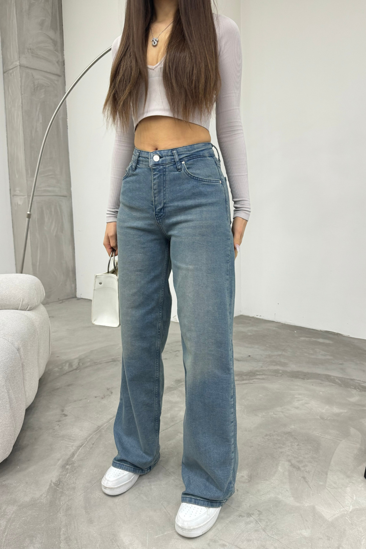 Kadın Soluk Efekt Vintage Yüksek Bel Wide Leg Jeans Efektli Mavi 7
