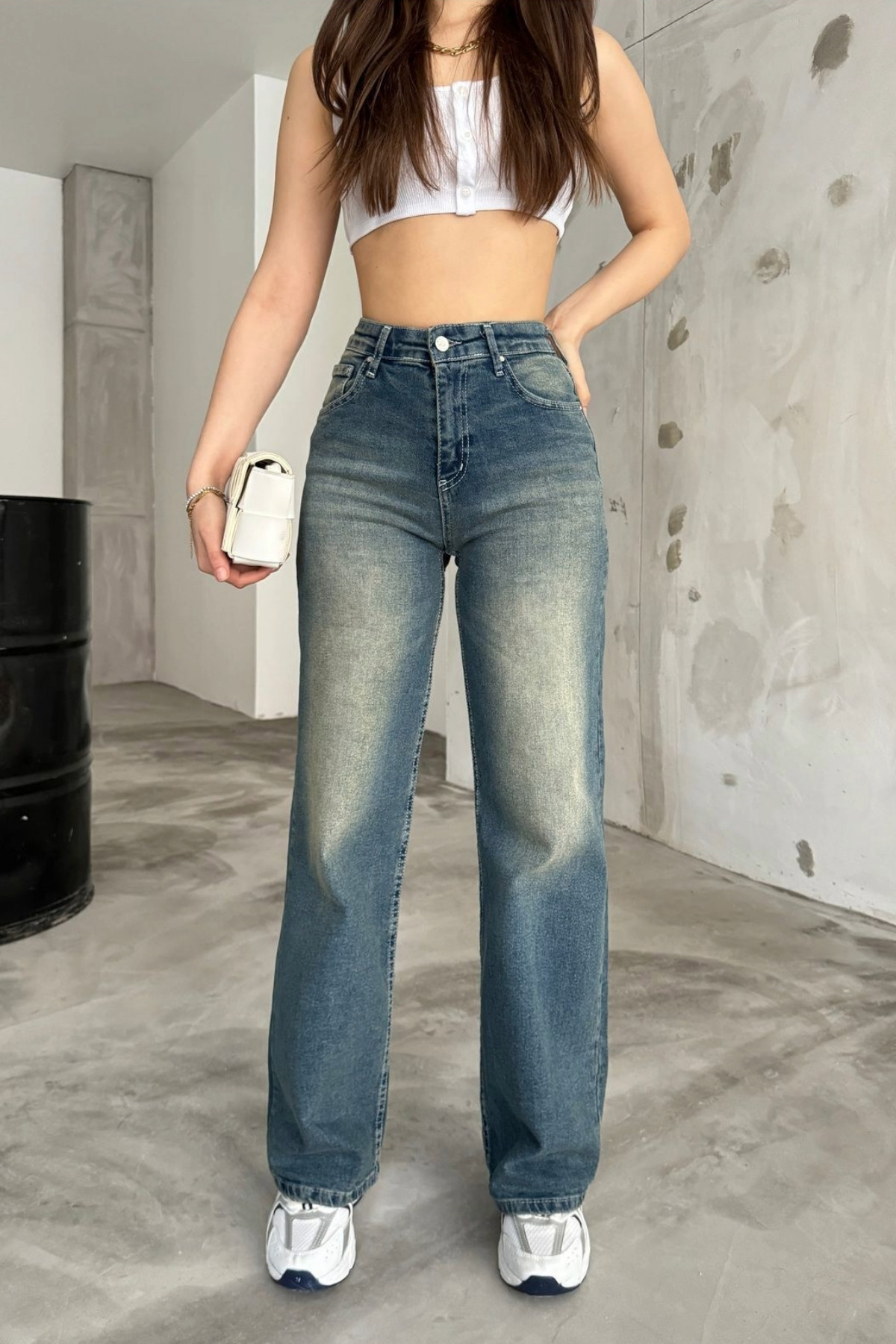BİKELİFE  Kadın Soluk Efekt Vintage Yüksek Bel Wide Leg Jeans - Görsel 3