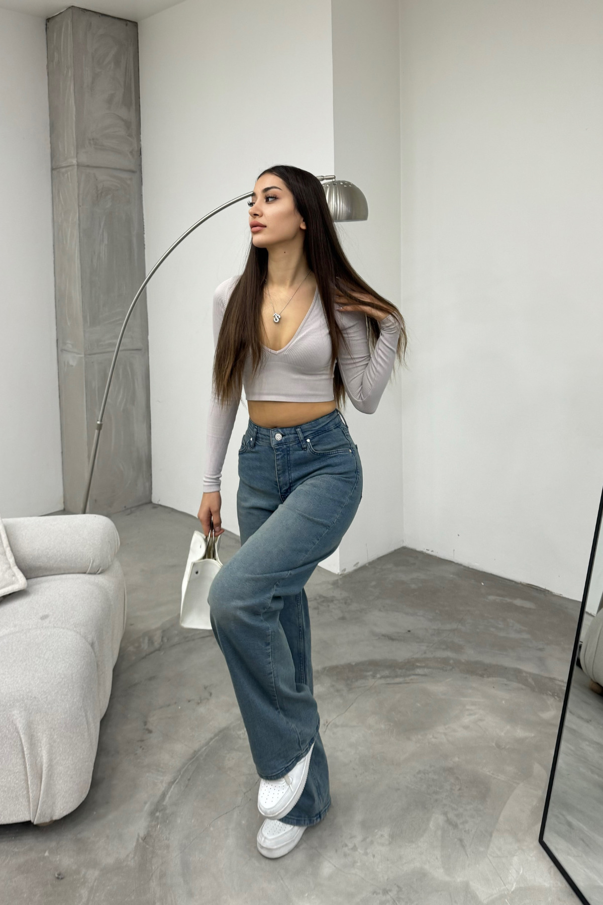 Kadın Soluk Efekt Vintage Yüksek Bel Wide Leg Jeans Efektli Mavi 4