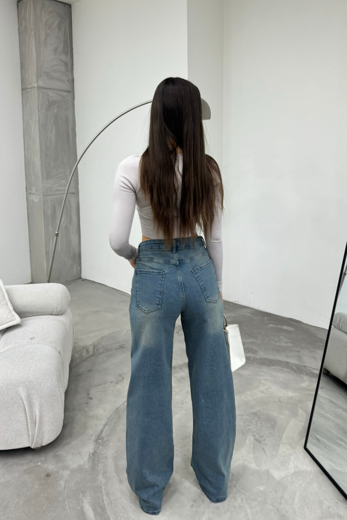 Kadın Soluk Efekt Vintage Yüksek Bel Wide Leg Jeans Efektli Mavi 3