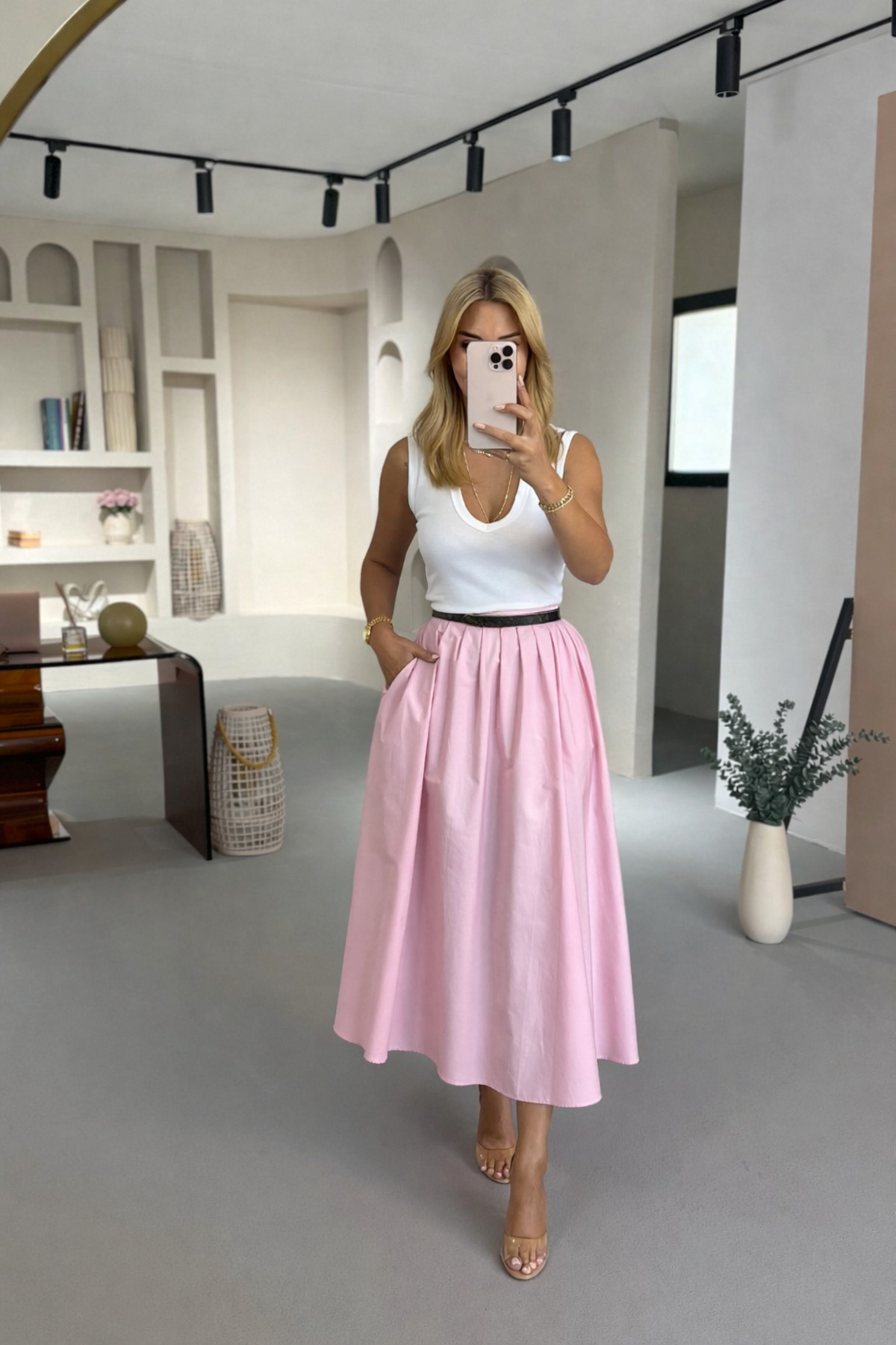 Sezgi Tekin  Premium Seri Piliseli Pembe Poplin Çan Etek