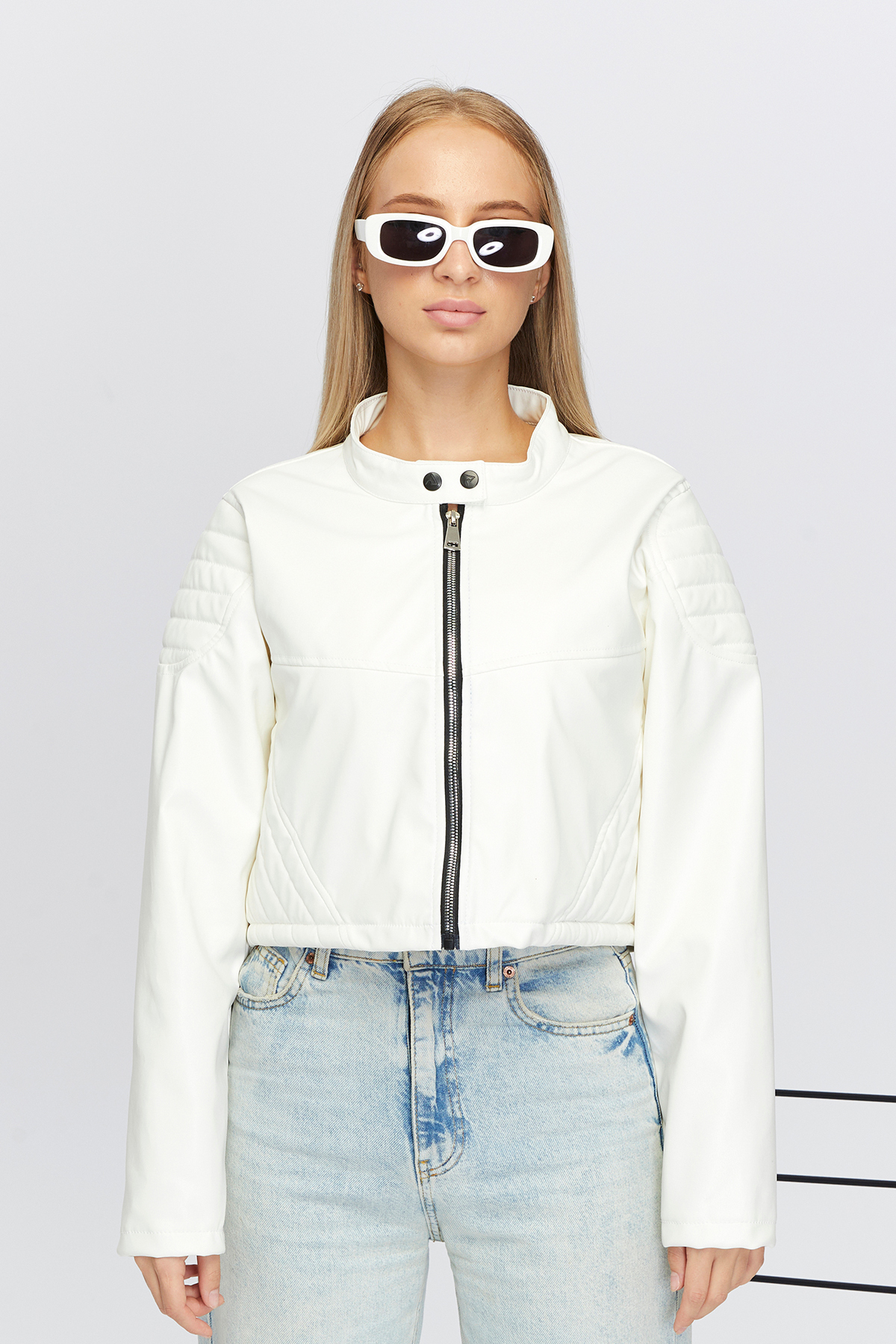 Women Oversize Zippered Collar Snap Shoulder and Skirt Padding Patterned College Racer Jacket Motorcycle Jacket