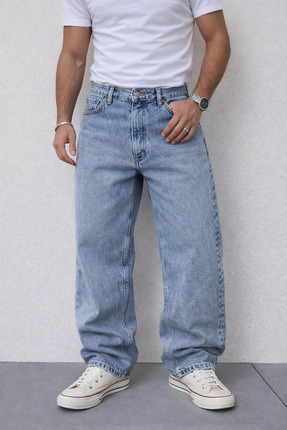 Gussi Erkek Buz Mavi Kar Baggy Fit Likrasız Rahat Kesim Jean Pantolon