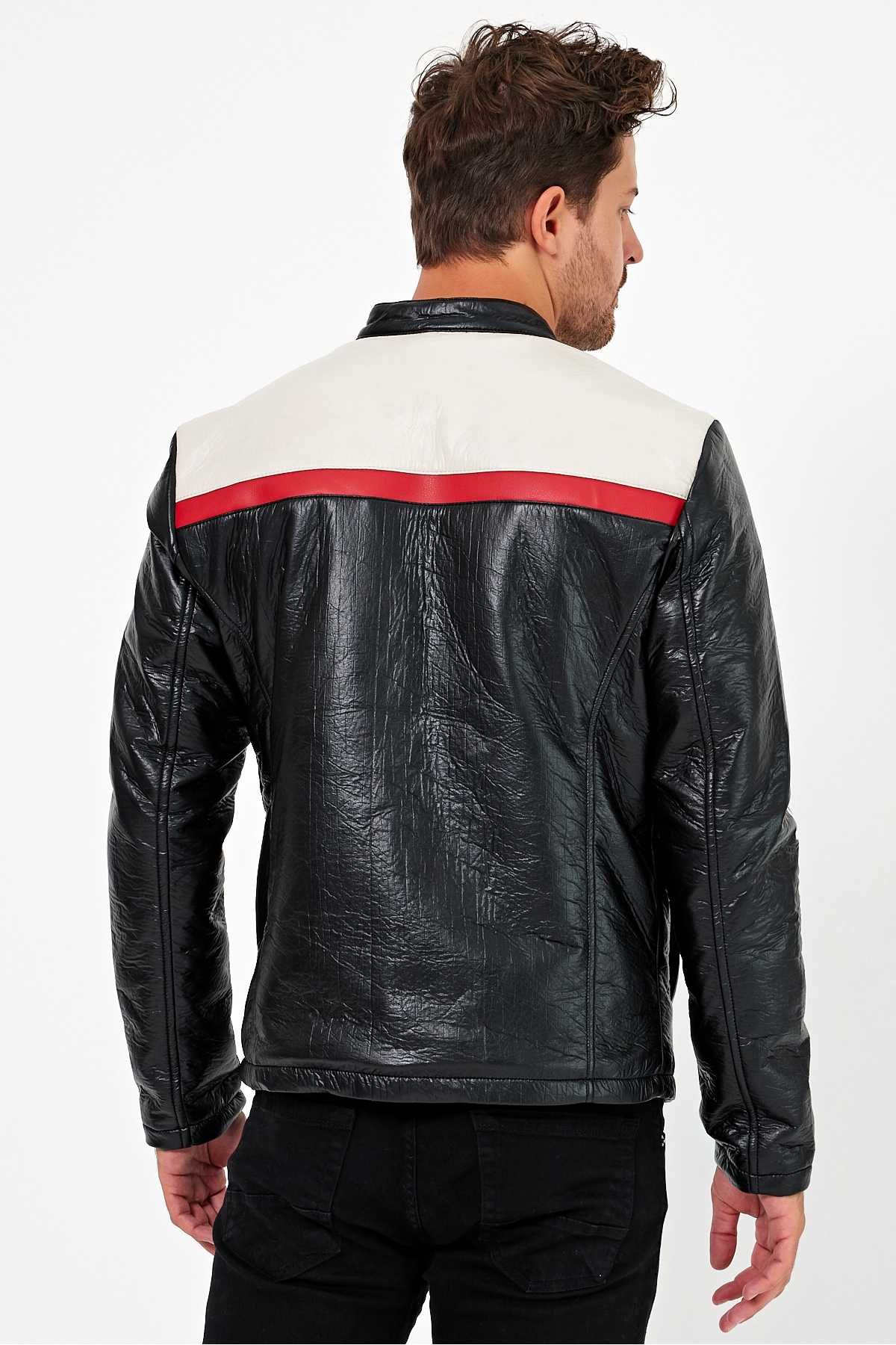 Black Level  Erkek Oversize Puf Deri Yarışçı Ceket Kolej Mont Baskılı Fermuarlı Bomber Mont - Görsel 5