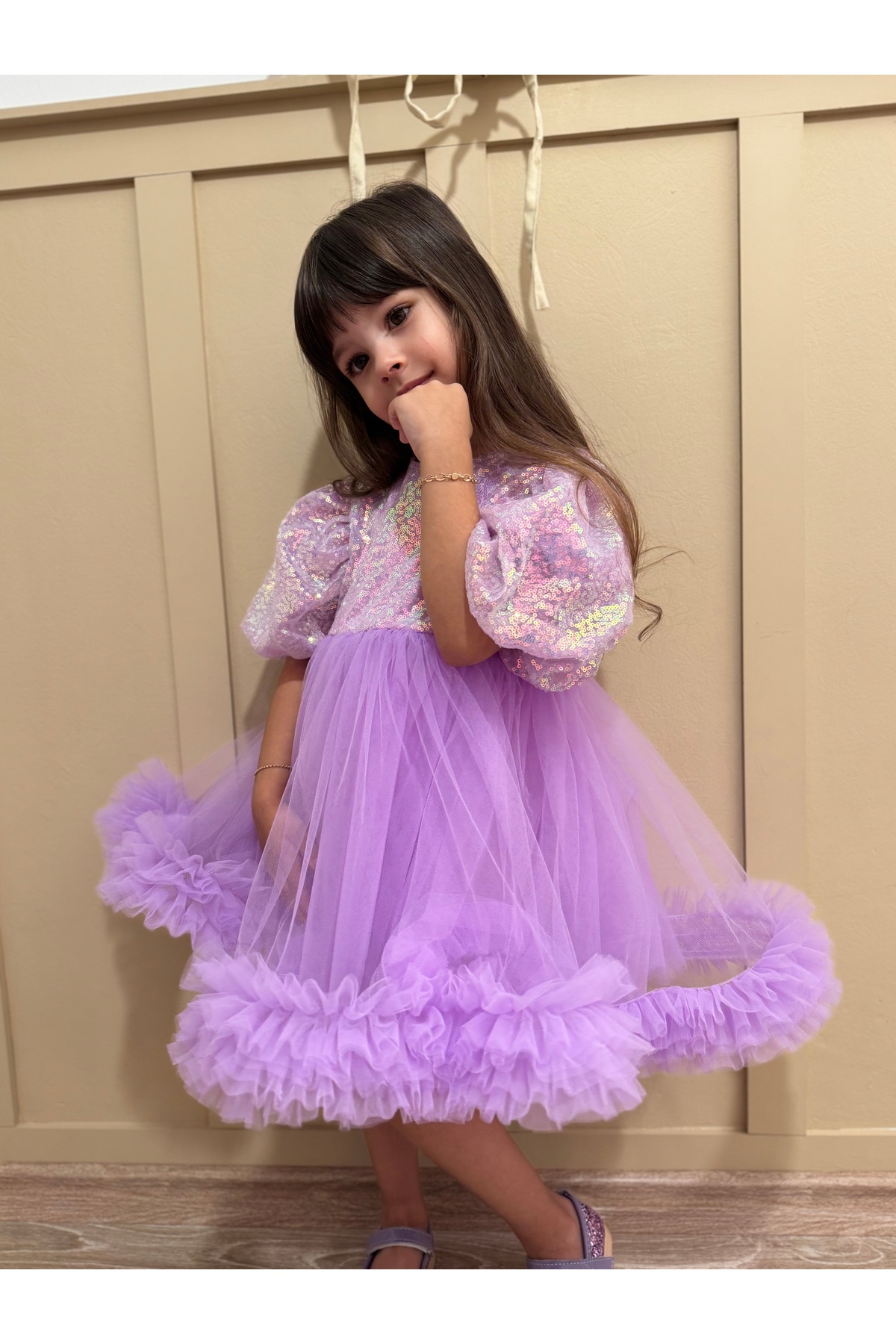 penu baby kids Lila Payetli Balon Kol Grenli Tül Etekli Kız Çocuk Kız Bebek Abiye Elbise - Terra fotoğrafı 5 (önizleme)