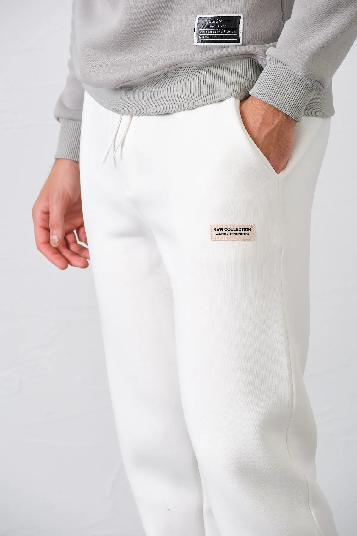 aziso  Erkek Beyaz Eşofman Altı 3 Iplik Şardonlu Kumaş - Görsel 5