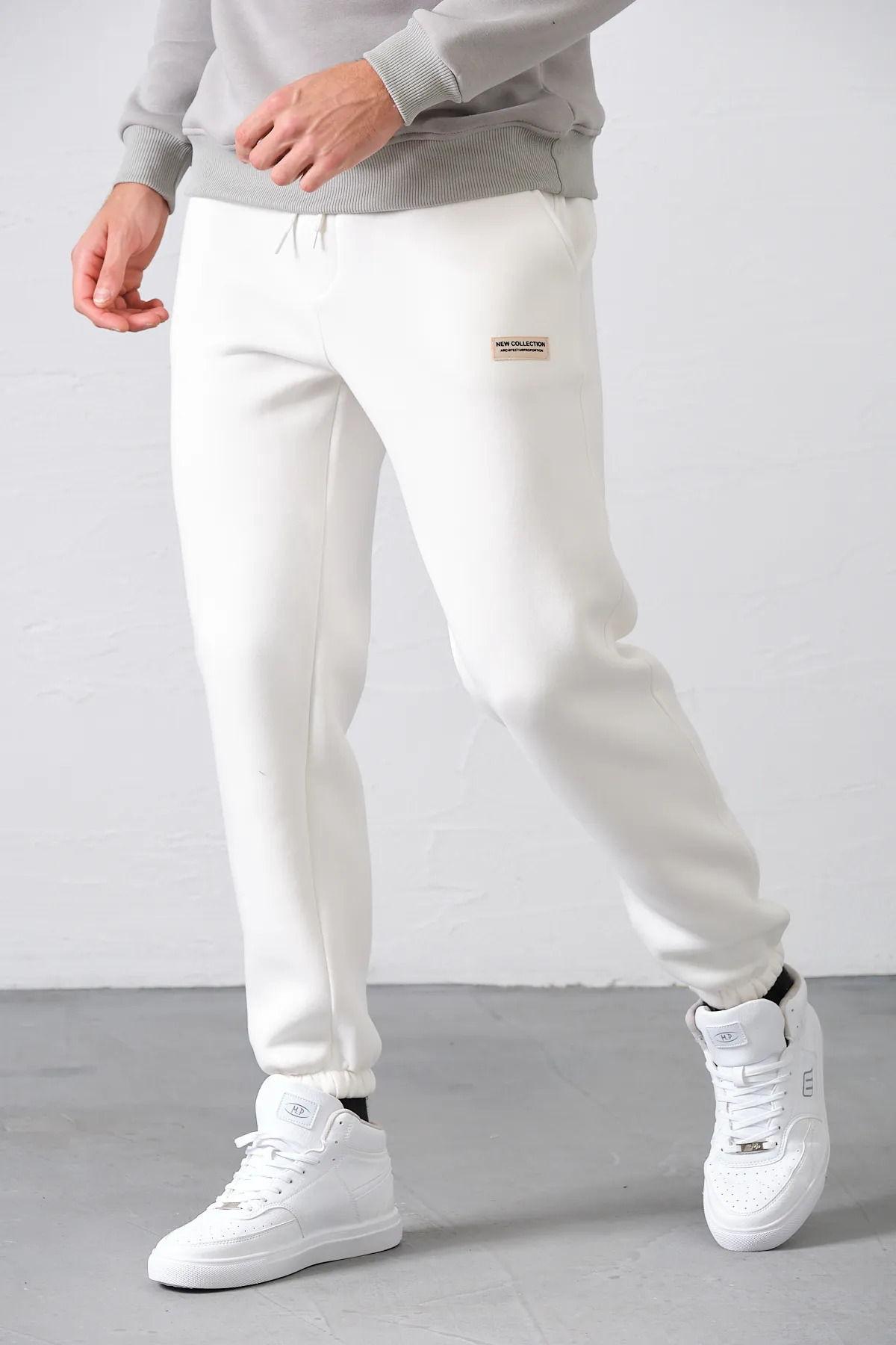 aziso  Erkek Beyaz Eşofman Altı 3 Iplik Şardonlu Kumaş - Görsel 3