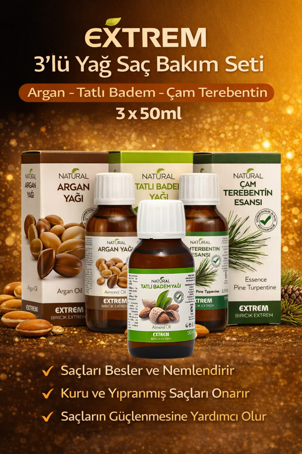 EXXTREM Doğal Saç Bakım Seti – Argan yağı - Badem Yağı - Çam Terebentin Esansı | 3x50 ml Adet — saçbakımSET3