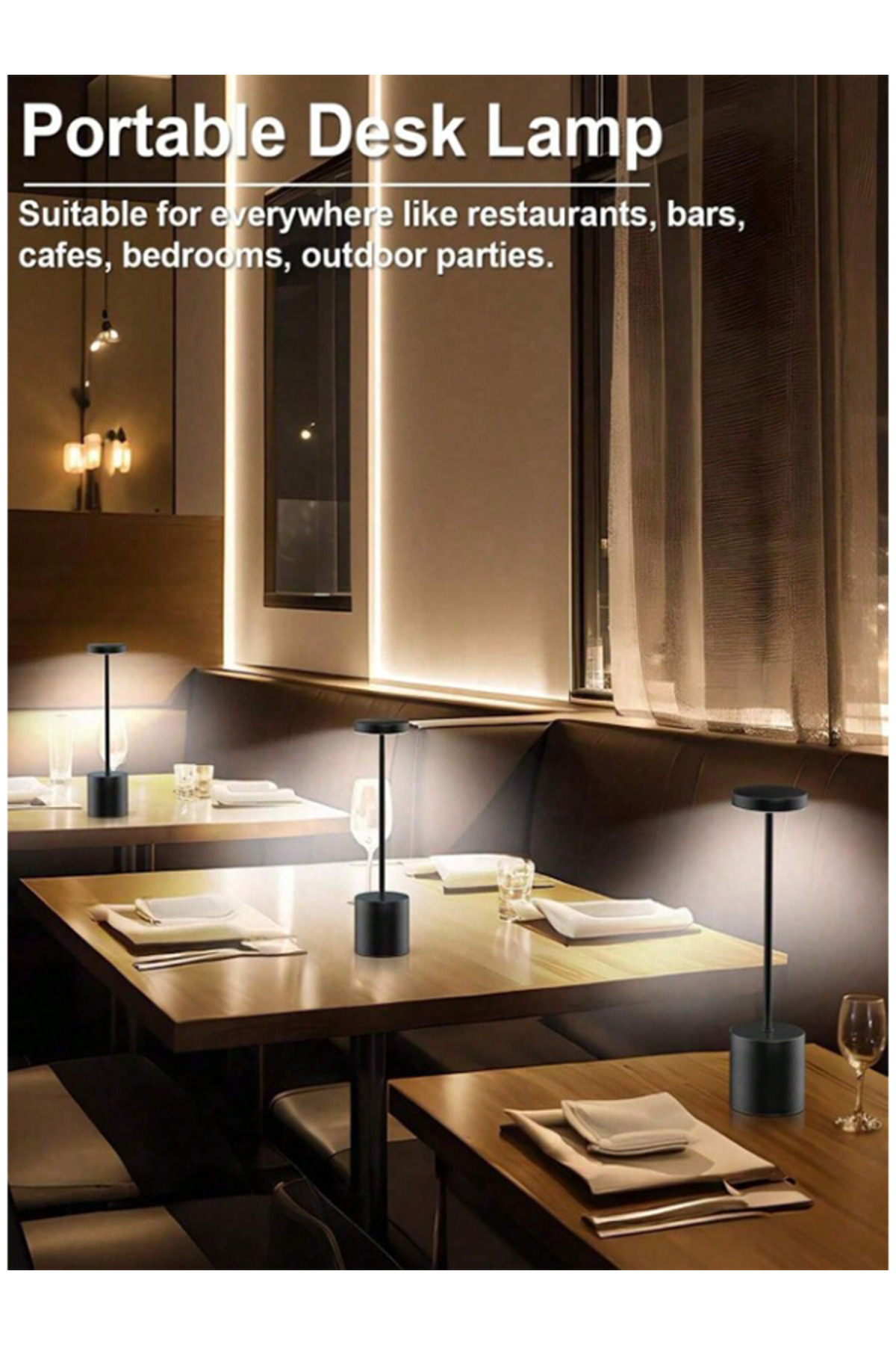 مصباح مكتبي لاسلكي قابل لإعادة الشحن بقوة 3600 مللي أمبير/ساعة، مصباح مكتبي اسود محمول معدني.