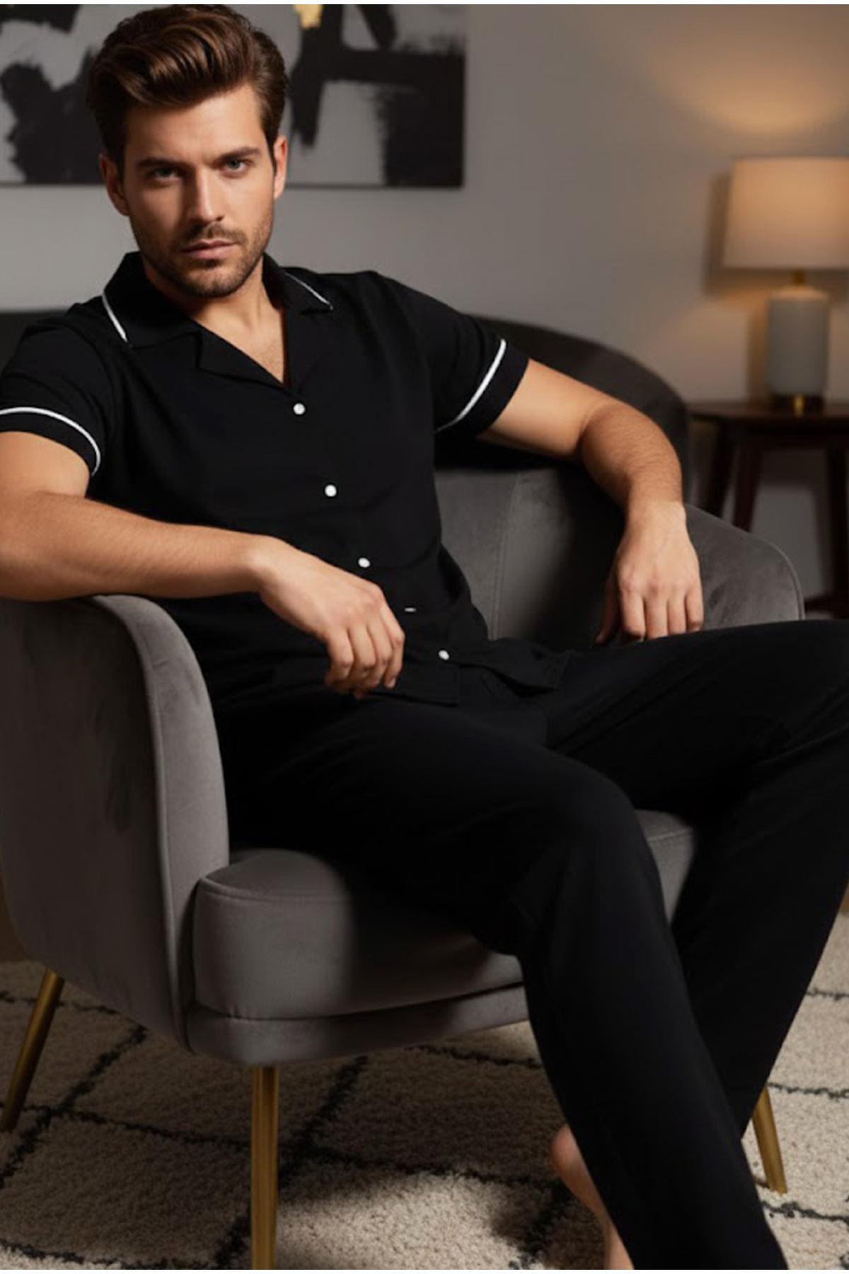 Siyah İnci  siyah Erkek Kısa Kollu Pamuklu Gömlek Yaka Düğmeli Biyeli Pijama Takım 7822